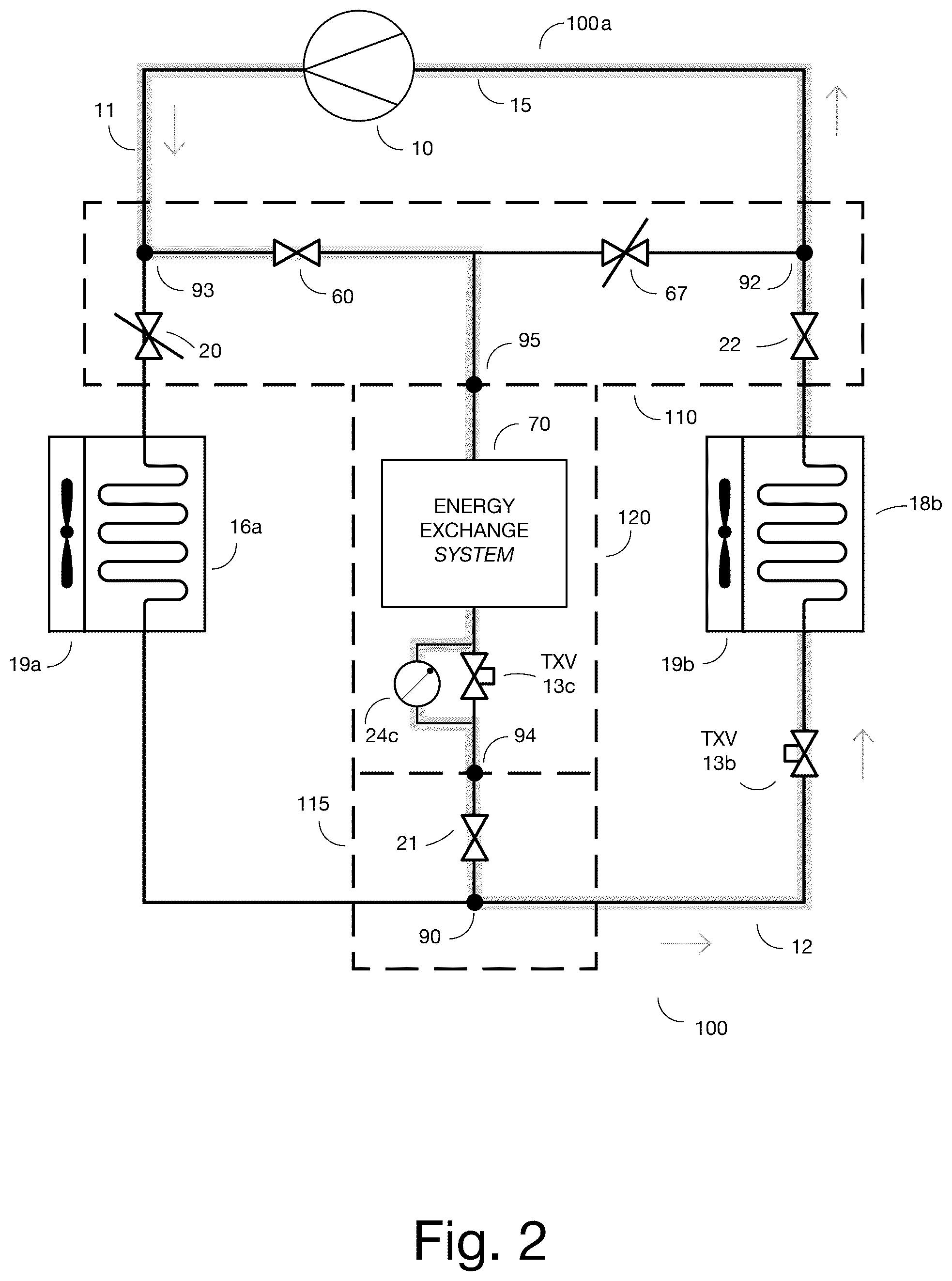 Patent US12326281 Figure 2 – Add-on apparatus for converting a conventional air-source refrigeration cycle for multiple heat transfer options