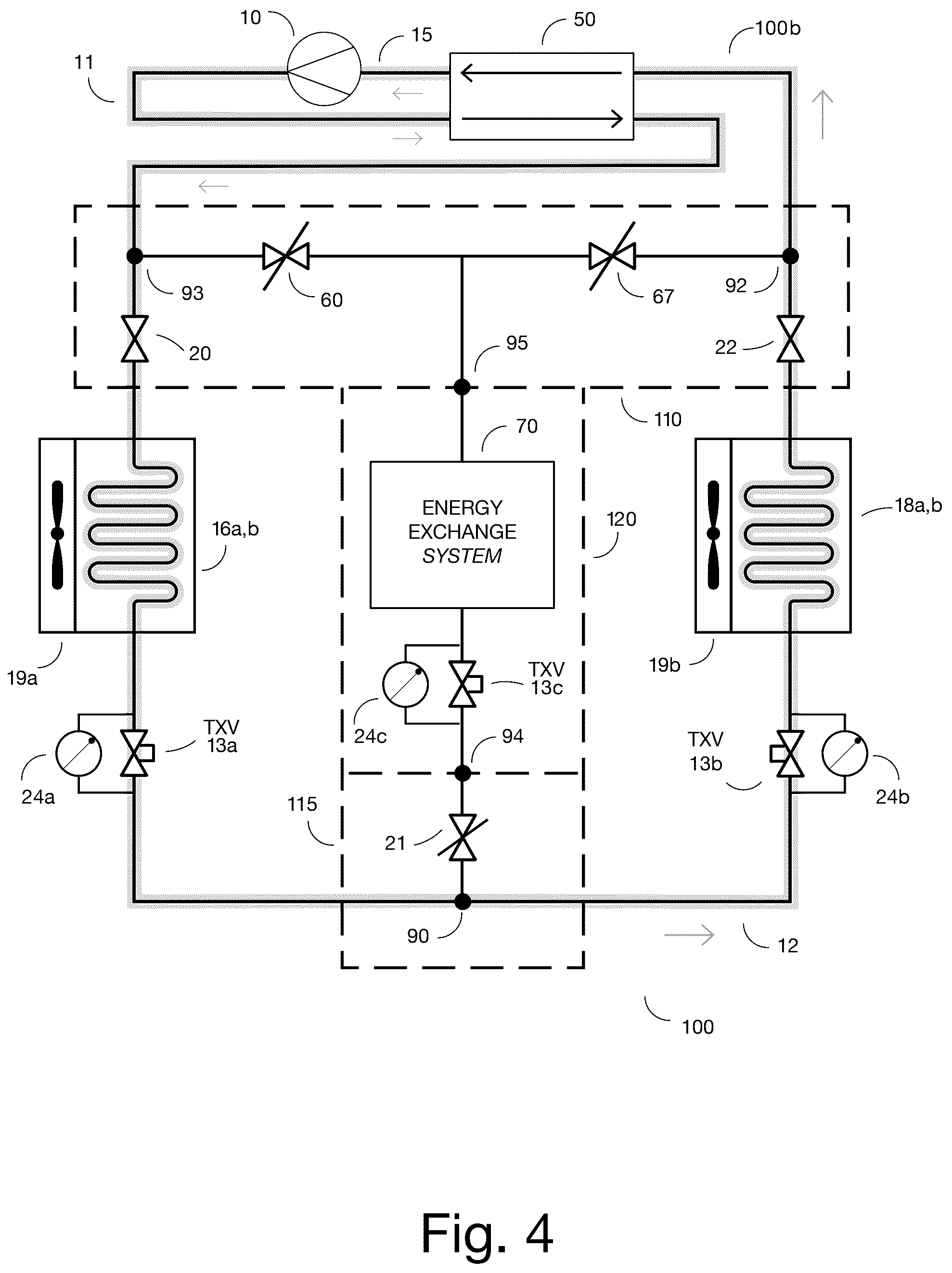 Patent US12326281 Figure 4 – Add-on apparatus for converting a conventional air-source refrigeration cycle for multiple heat transfer options