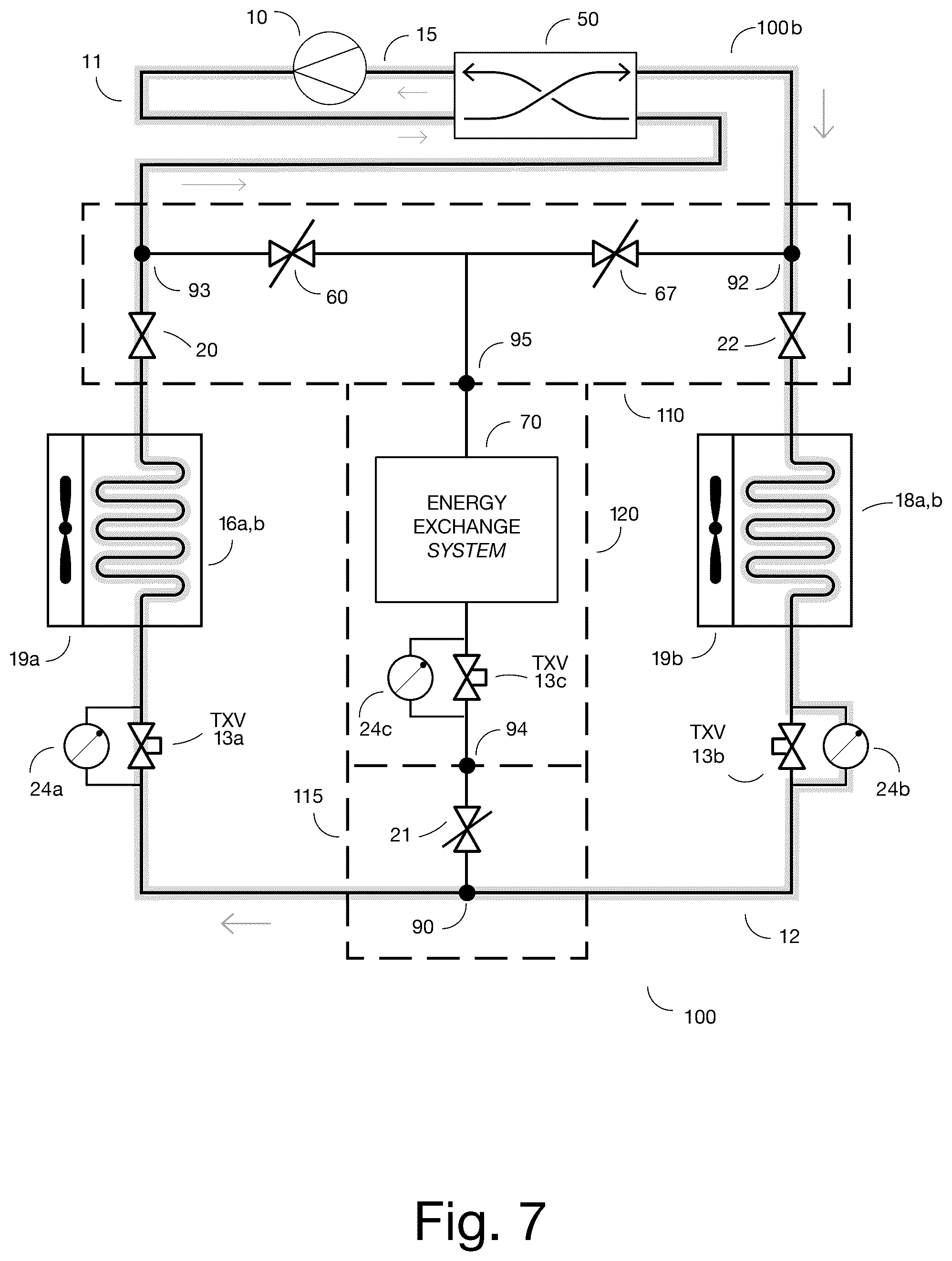 Patent US12326281 Figure 7 – Add-on apparatus for converting a conventional air-source refrigeration cycle for multiple heat transfer options
