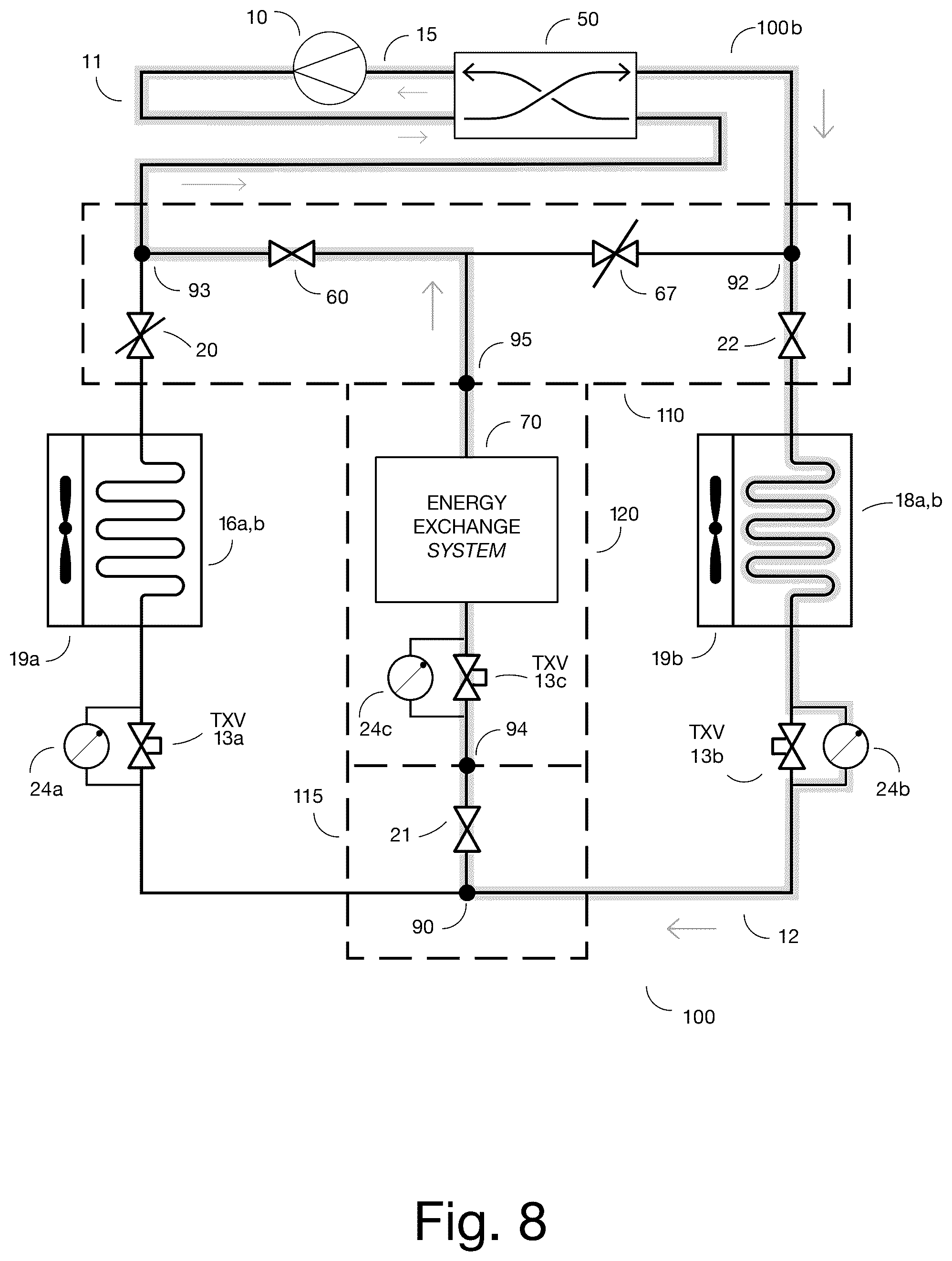 Patent US12326281 Figure 8 – Add-on apparatus for converting a conventional air-source refrigeration cycle for multiple heat transfer options