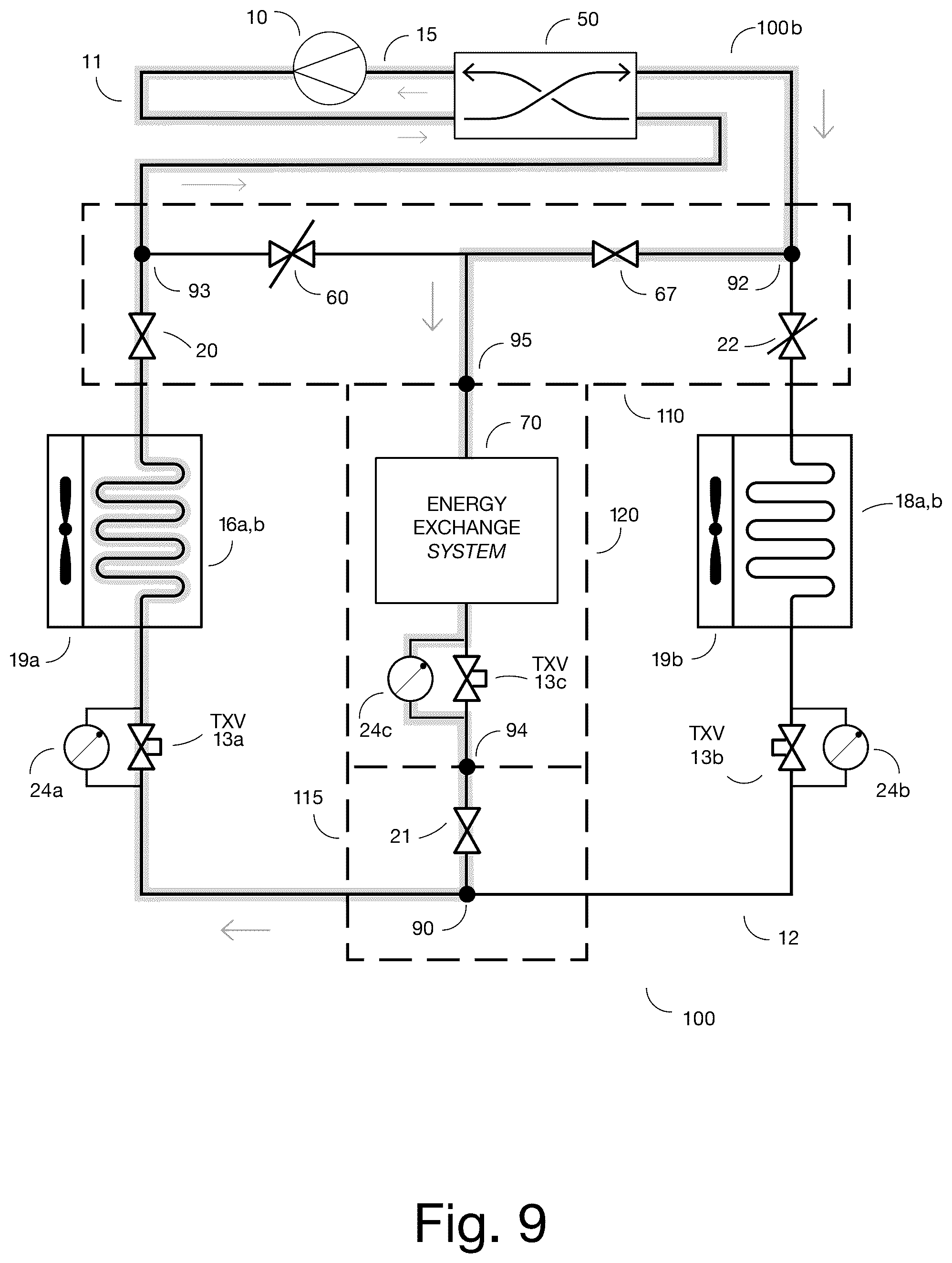 Patent US12326281 Figure 9 – Add-on apparatus for converting a conventional air-source refrigeration cycle for multiple heat transfer options