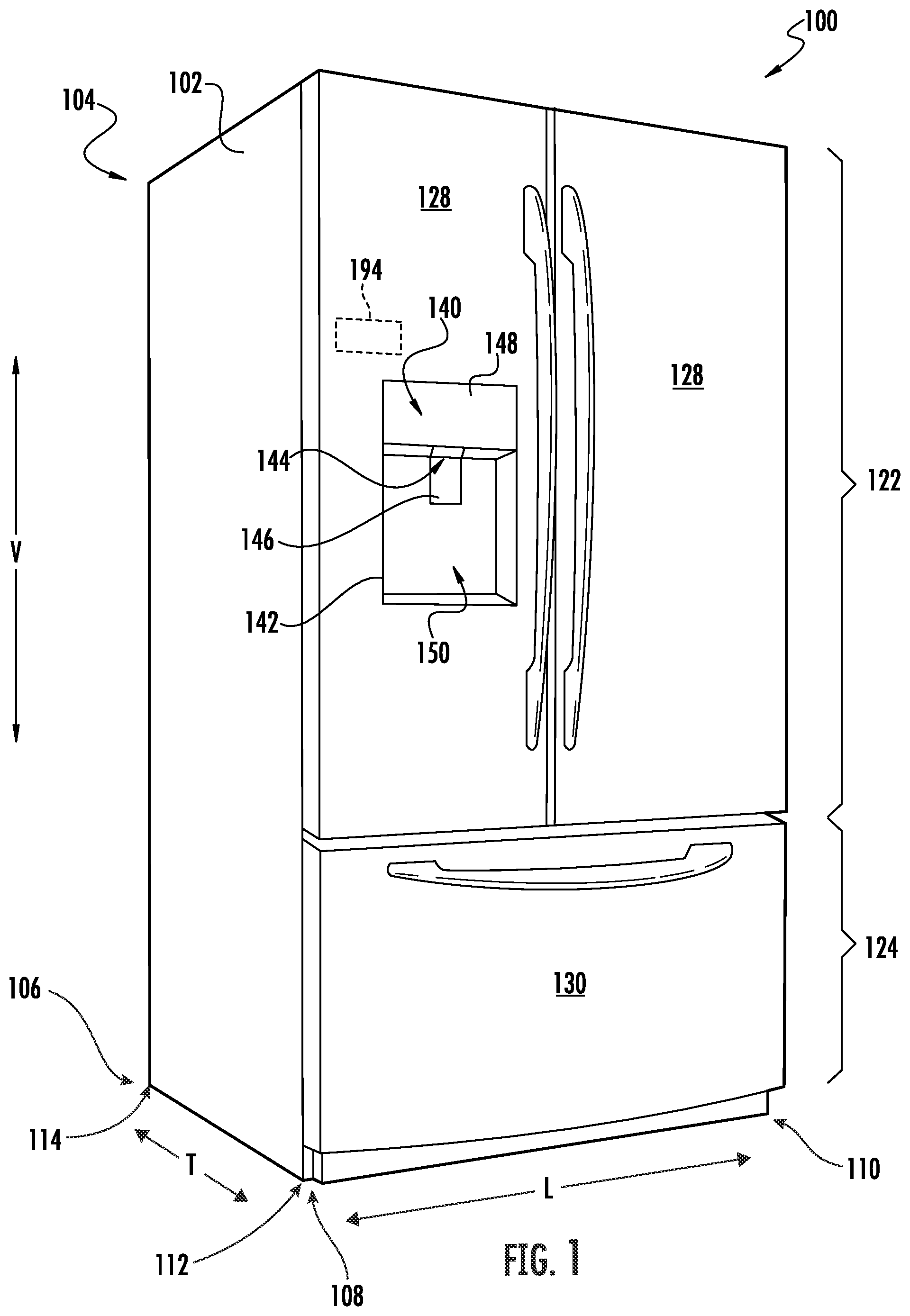 Patent US12326287 Figure 1 – Refrigerator and ice-making assembly for making and holding clear ice billets