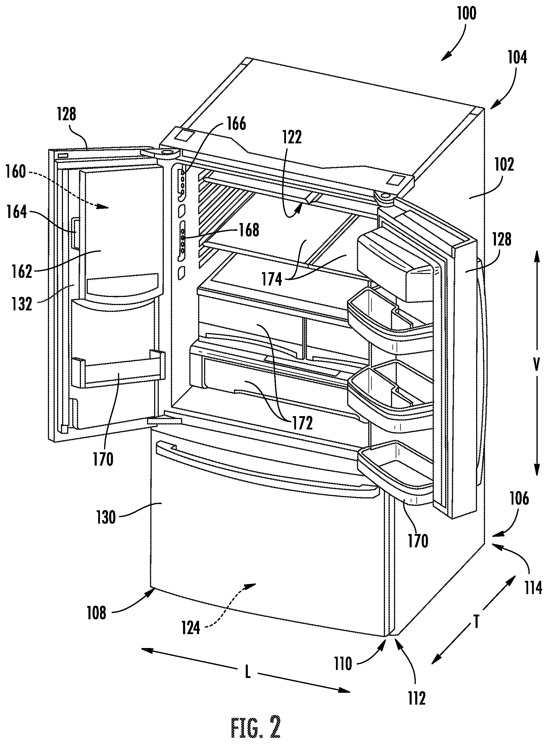 Patent US12326287 Figure 2 – Refrigerator and ice-making assembly for making and holding clear ice billets
