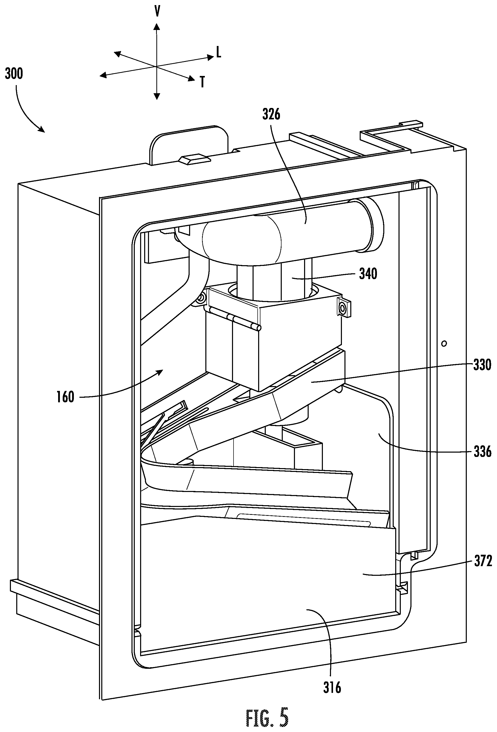 Patent US12326287 Figure 5 – Refrigerator and ice-making assembly for making and holding clear ice billets
