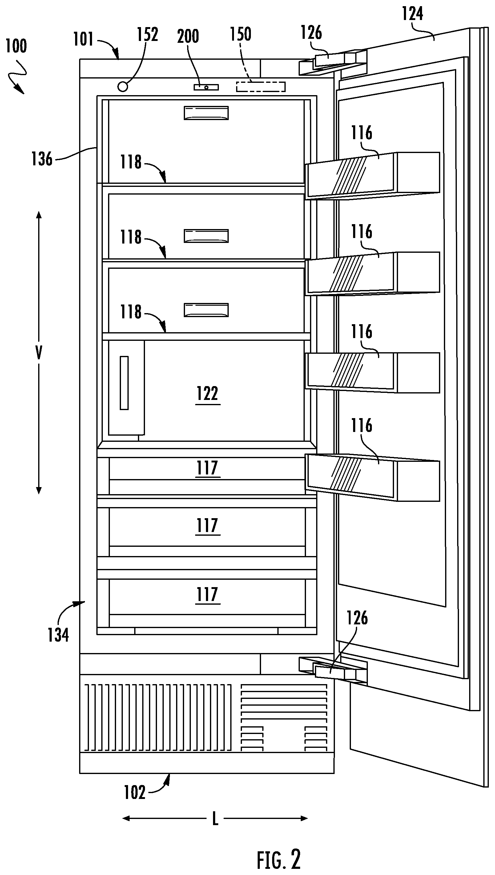 Patent US12326294 Figure 2 – Refrigerator with an assisted door opener