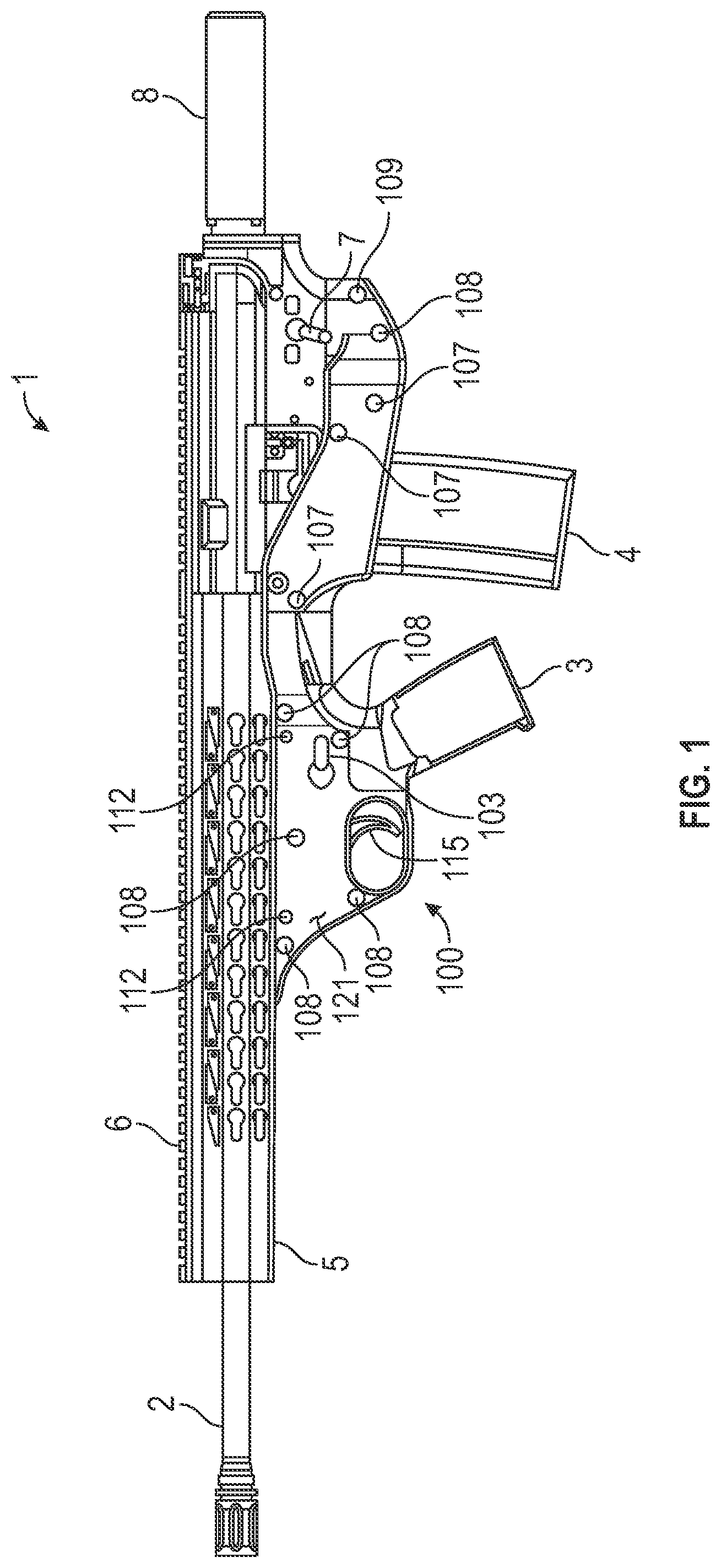 Patent US12326309 Figure 1 – Trigger relocation assembly for modern sporting firearm