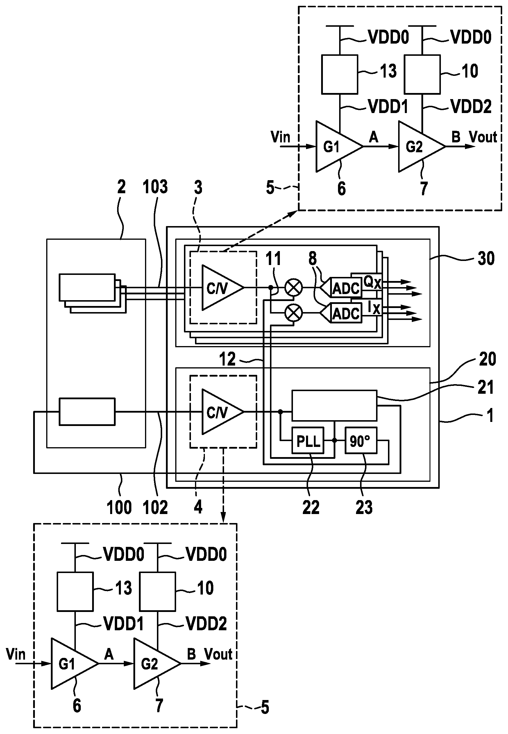 Patent US12326336 Figure 1 – Readout circuit for a MEMS sensor unit