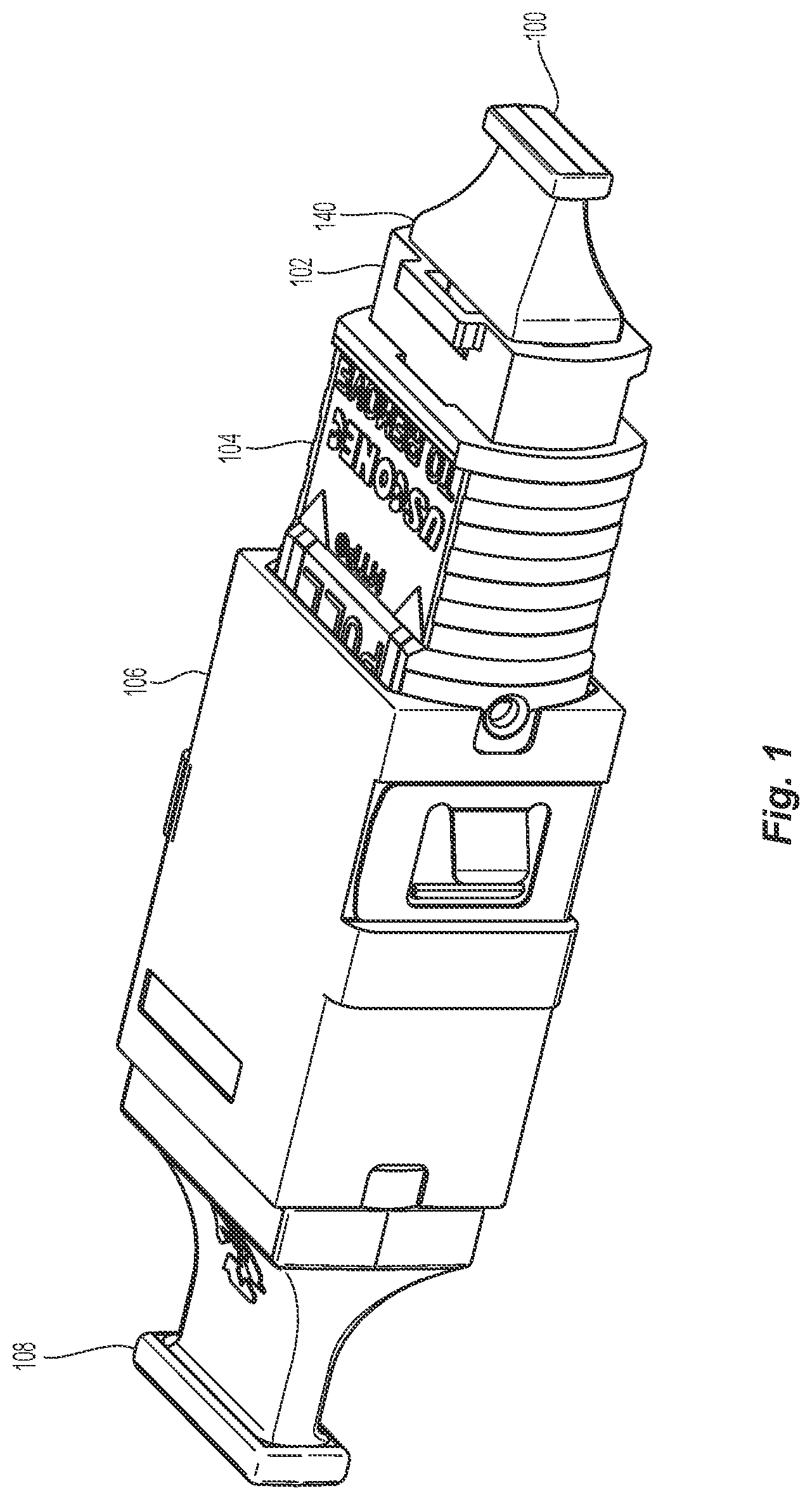 Patent US12326597 Figure 1 – Dust plug for adapter pre-populated with MPO housing