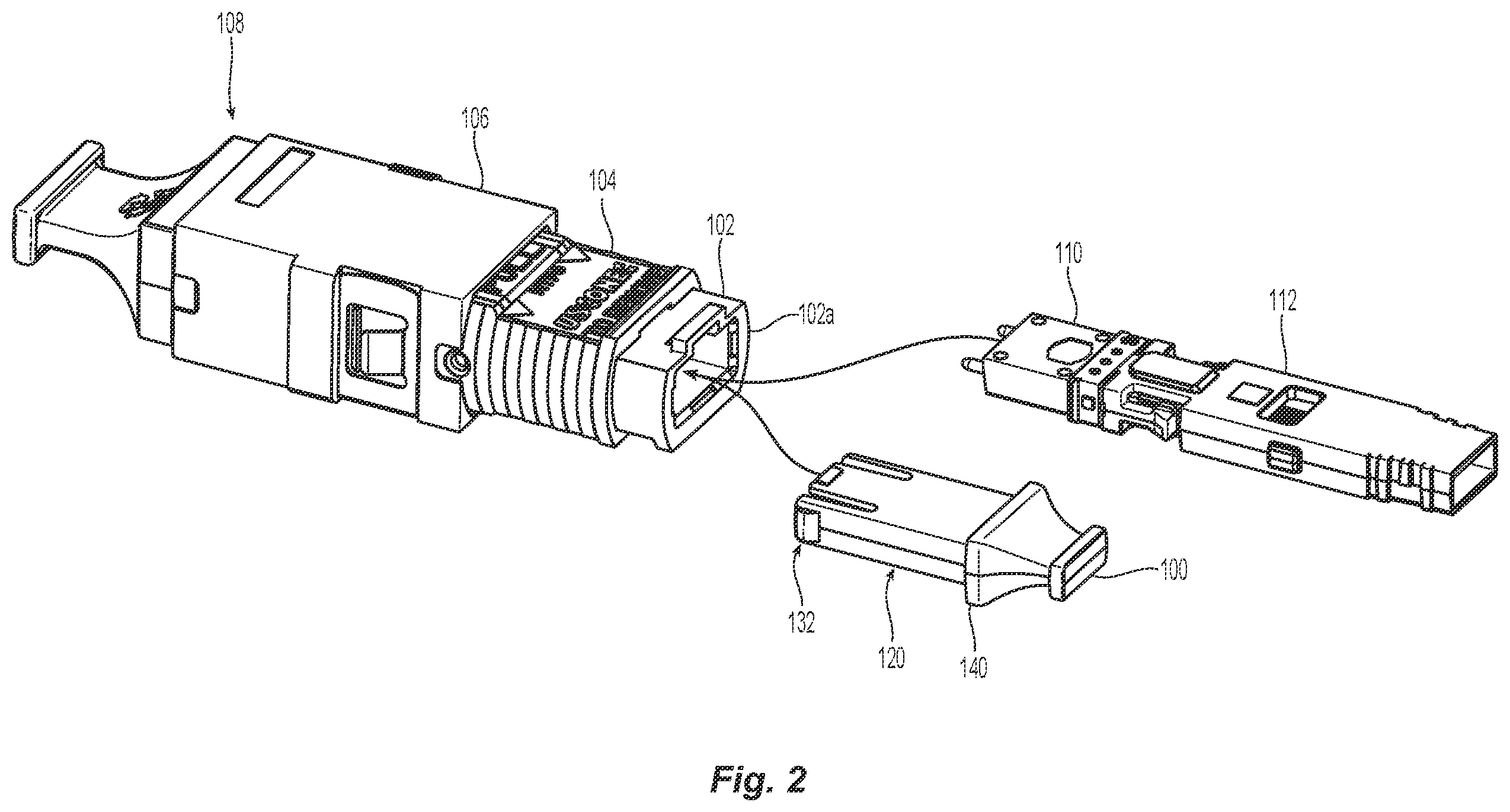 Patent US12326597 Figure 2 – Dust plug for adapter pre-populated with MPO housing