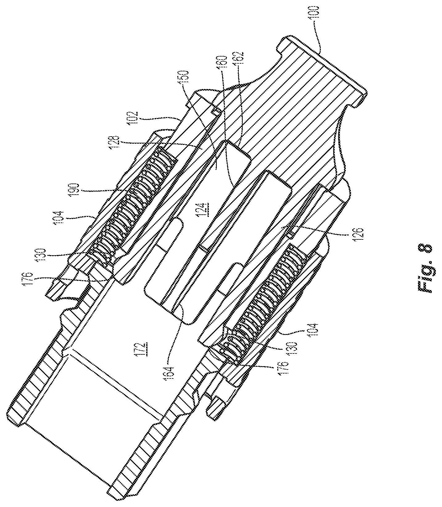 Patent US12326597 Figure 7 – Dust plug for adapter pre-populated with MPO housing