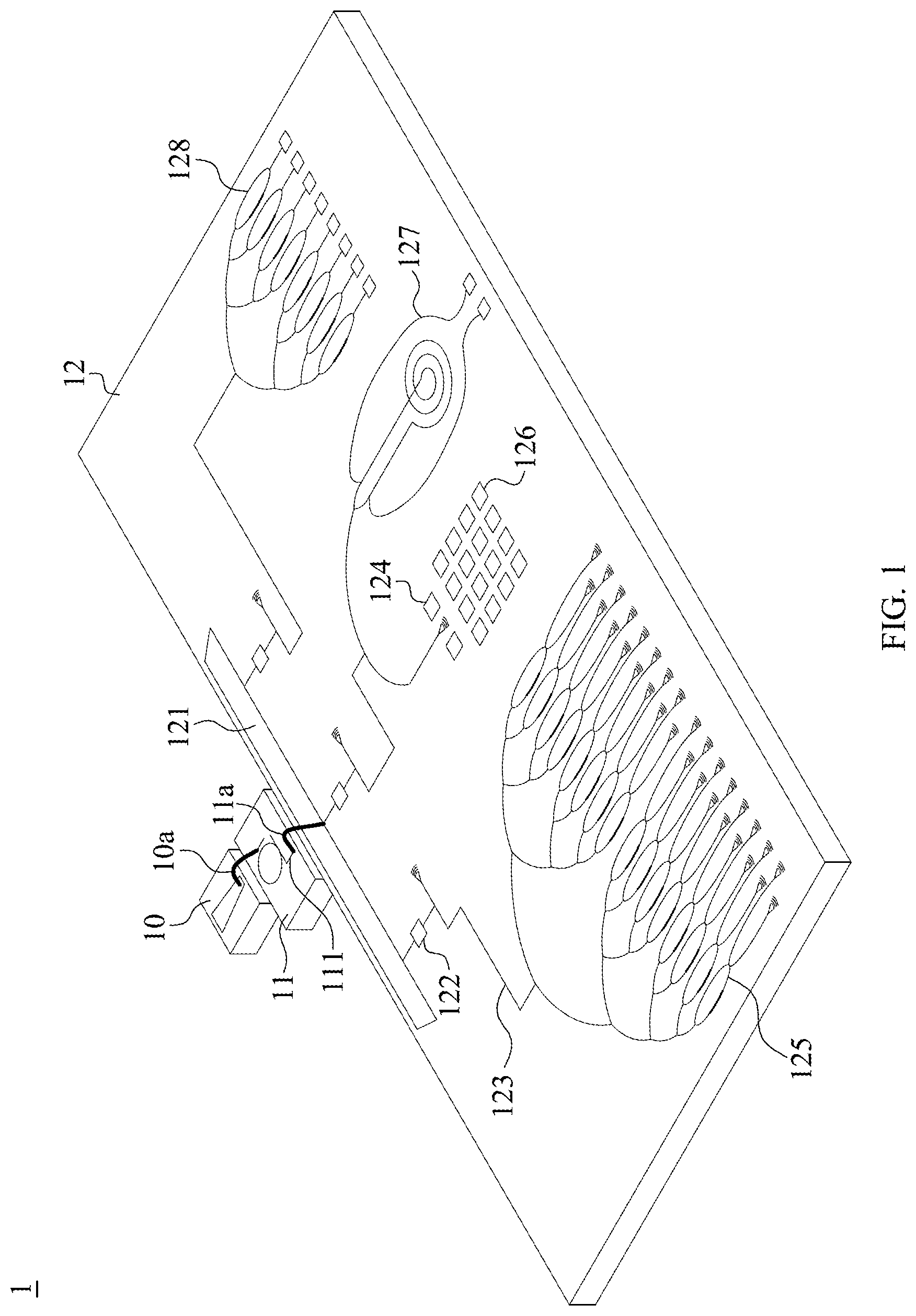 Patent US12326600 Figure 1 – Electronic module and optical device