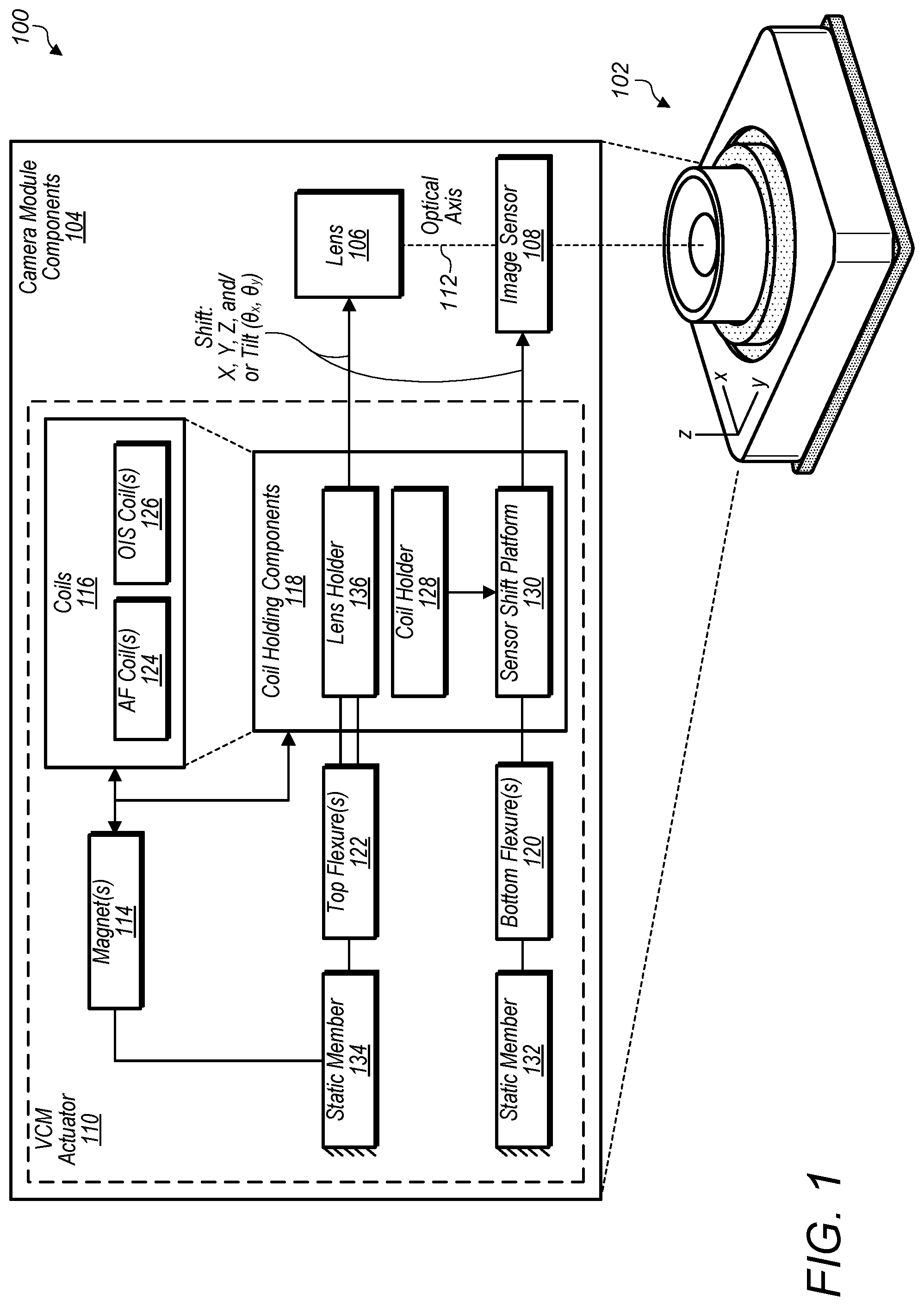 Patent US12326613 Figure 1 – Camera actuator for lens and sensor shifting