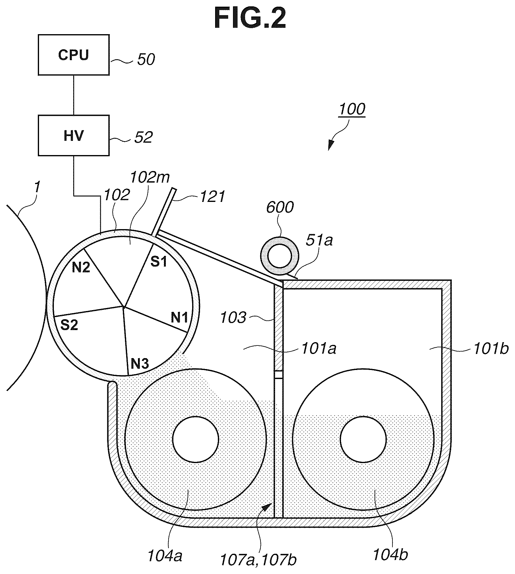Patent US12326674 Figure 2 – Developing device and method of agitating initial developer inside developing device