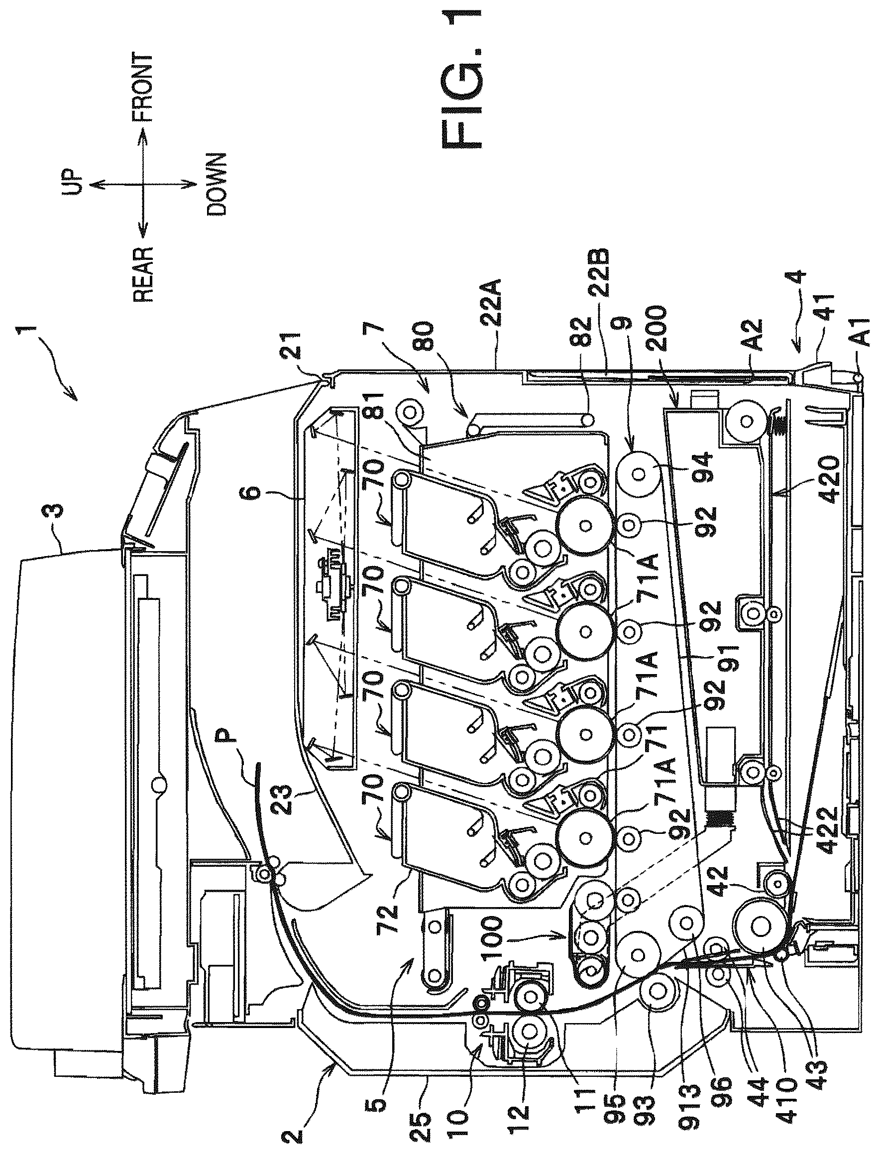 Patent US12326675 Figure 1 – Image forming apparatus with removable waste toner container and exposable feeding path