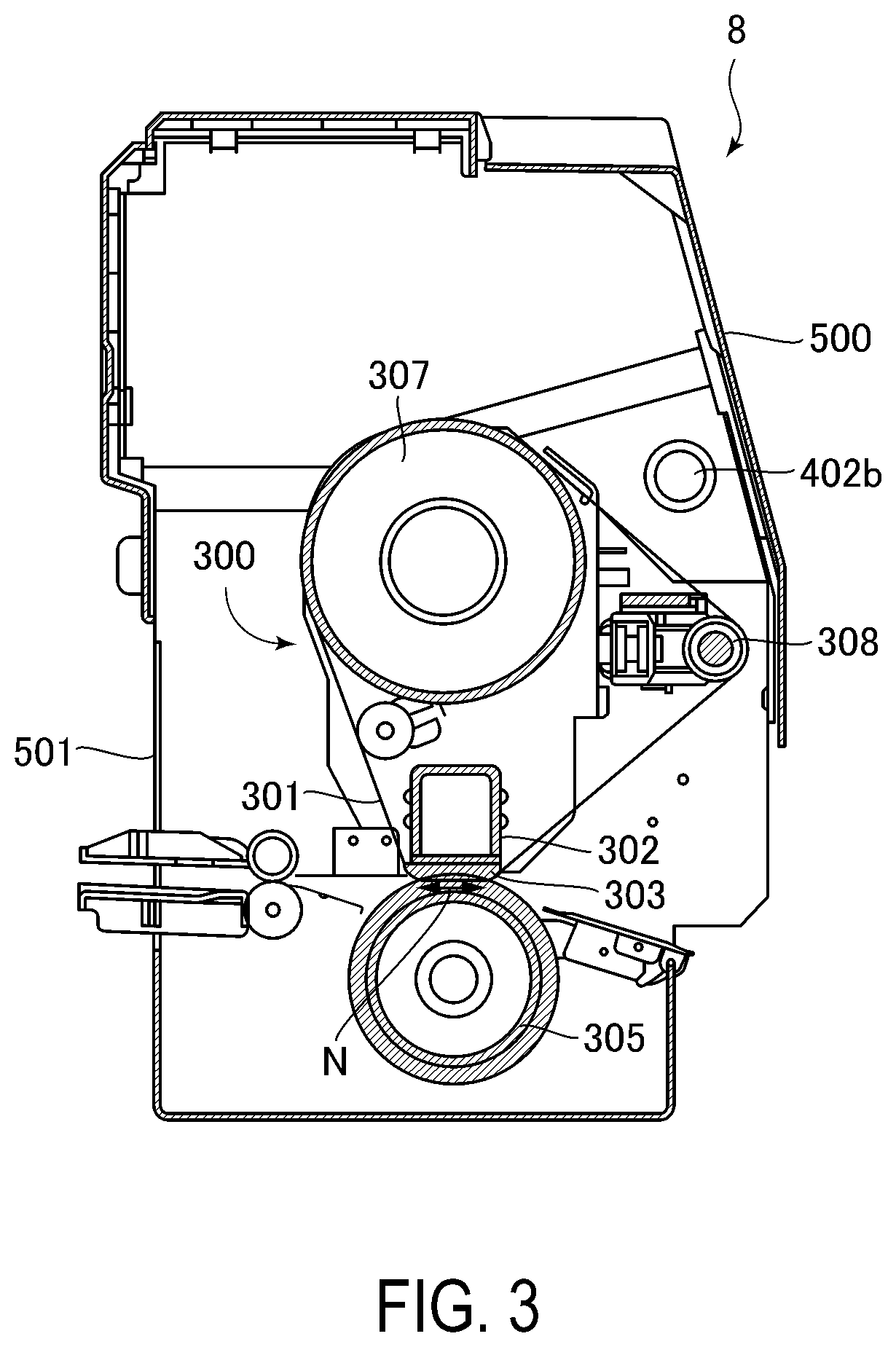 Patent US12326678 Figure 3 – Image forming apparatus with blown-air separation of recording material from fixing member