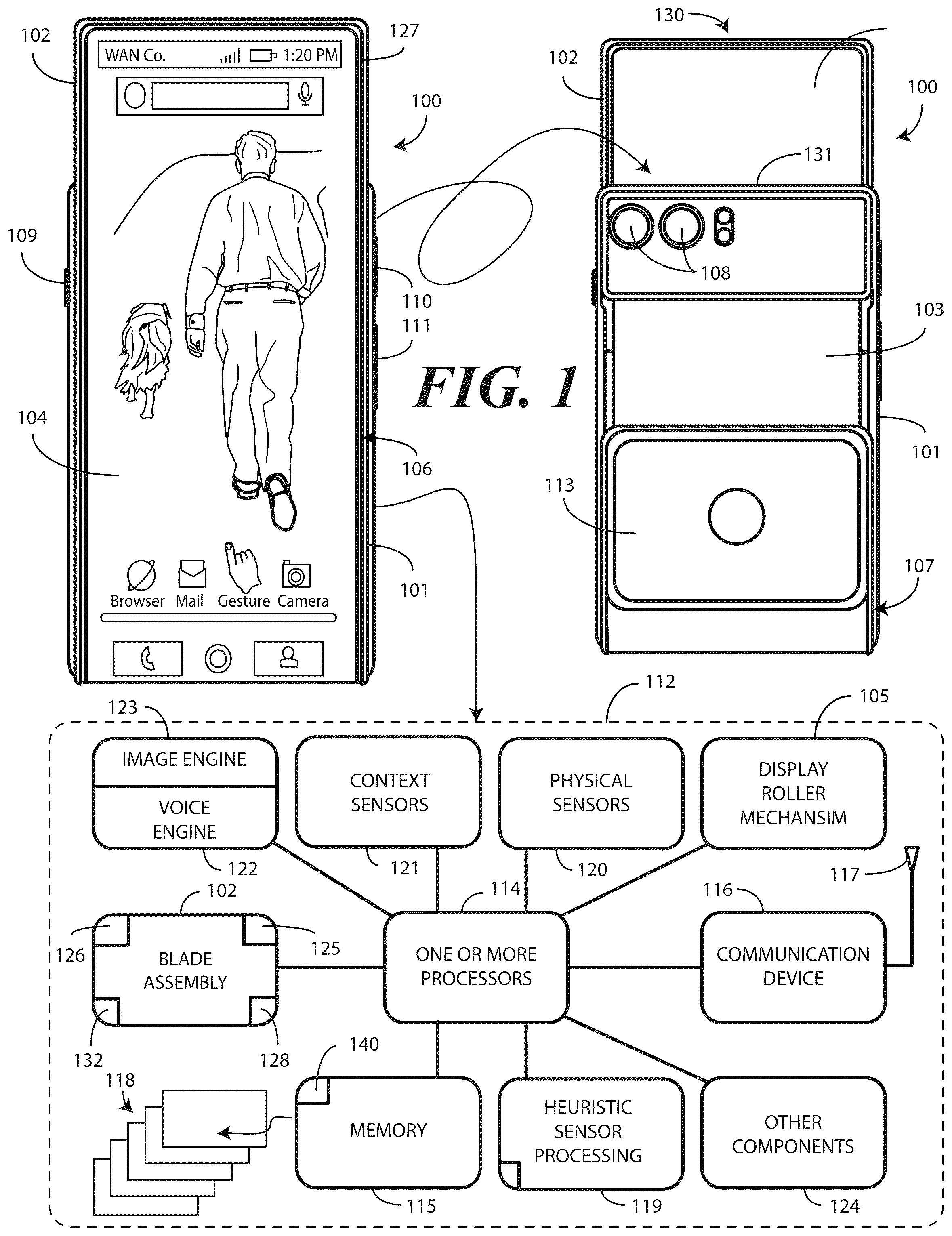 Patent US12326761 Figure 1 – Methods and systems for controlling a translating flexible display of an electronic device in accordance with a learning curve