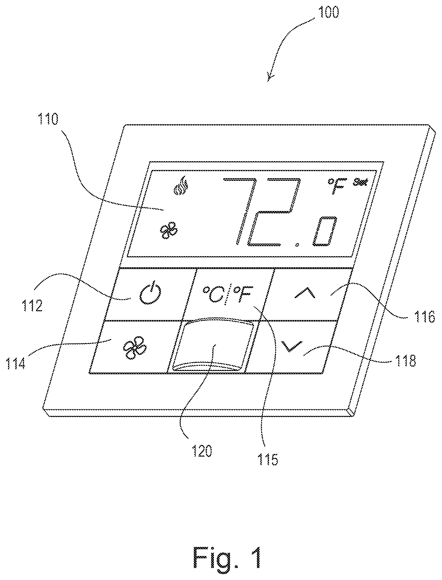 Patent US12326771 Figure 1 – Temperature control device with automatically adjustable backlighting