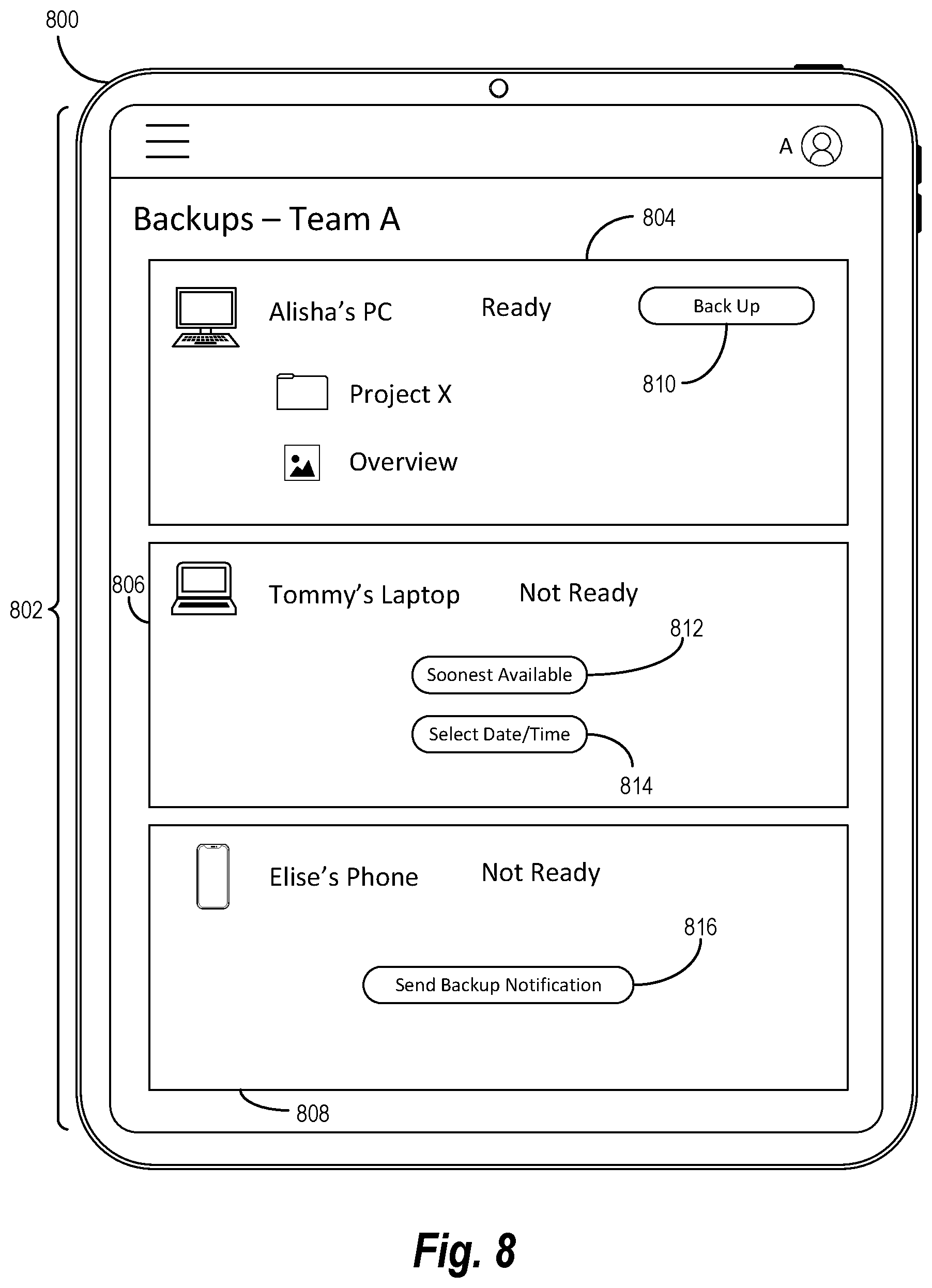 Patent US12326789 Figure 8 – Remotely backing up device data using a web application at a remote device
