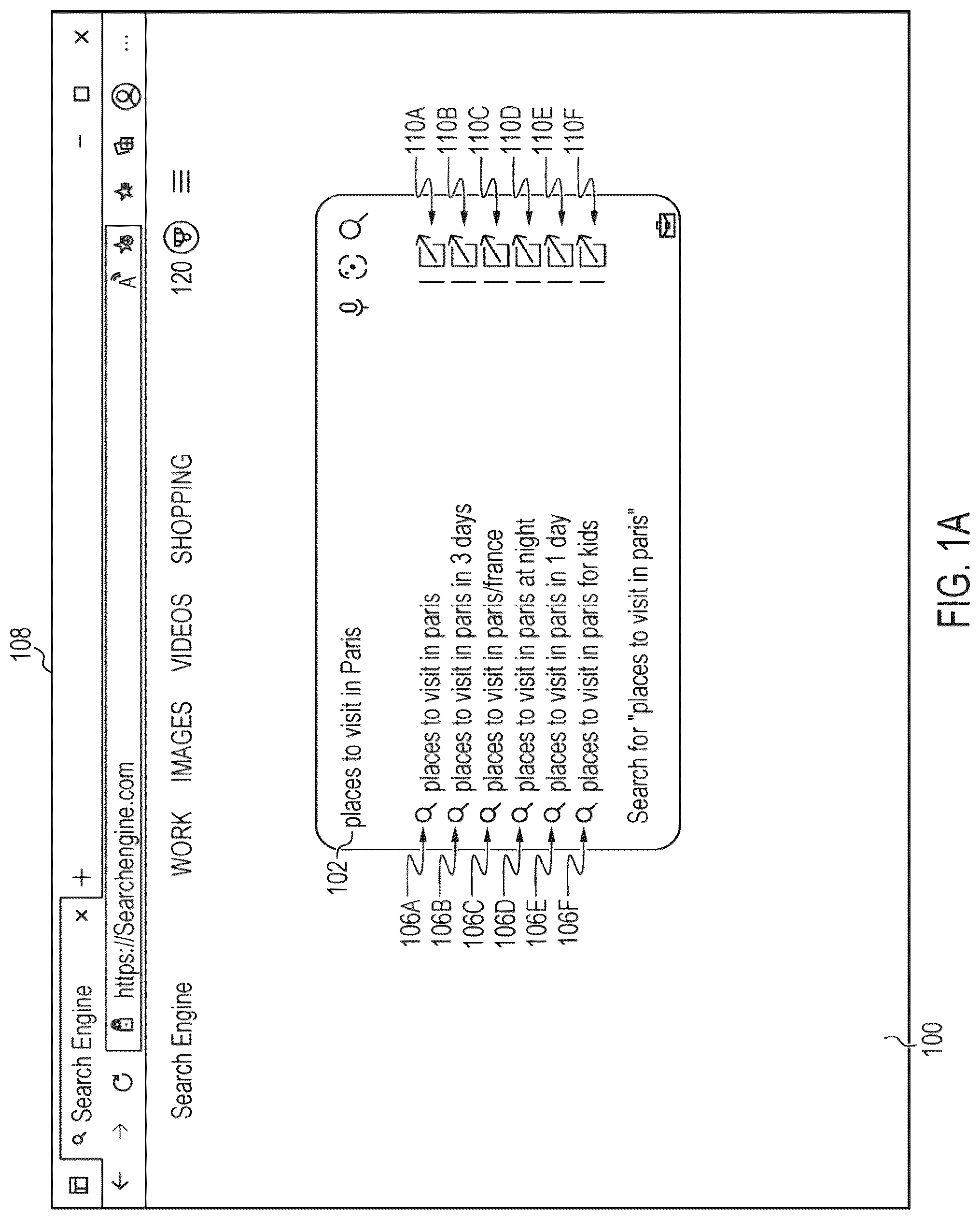 Patent US12326903 Figure 1 – Surfacing automatically-suggested search query results in separate browser tabs for improved multi-intent searching