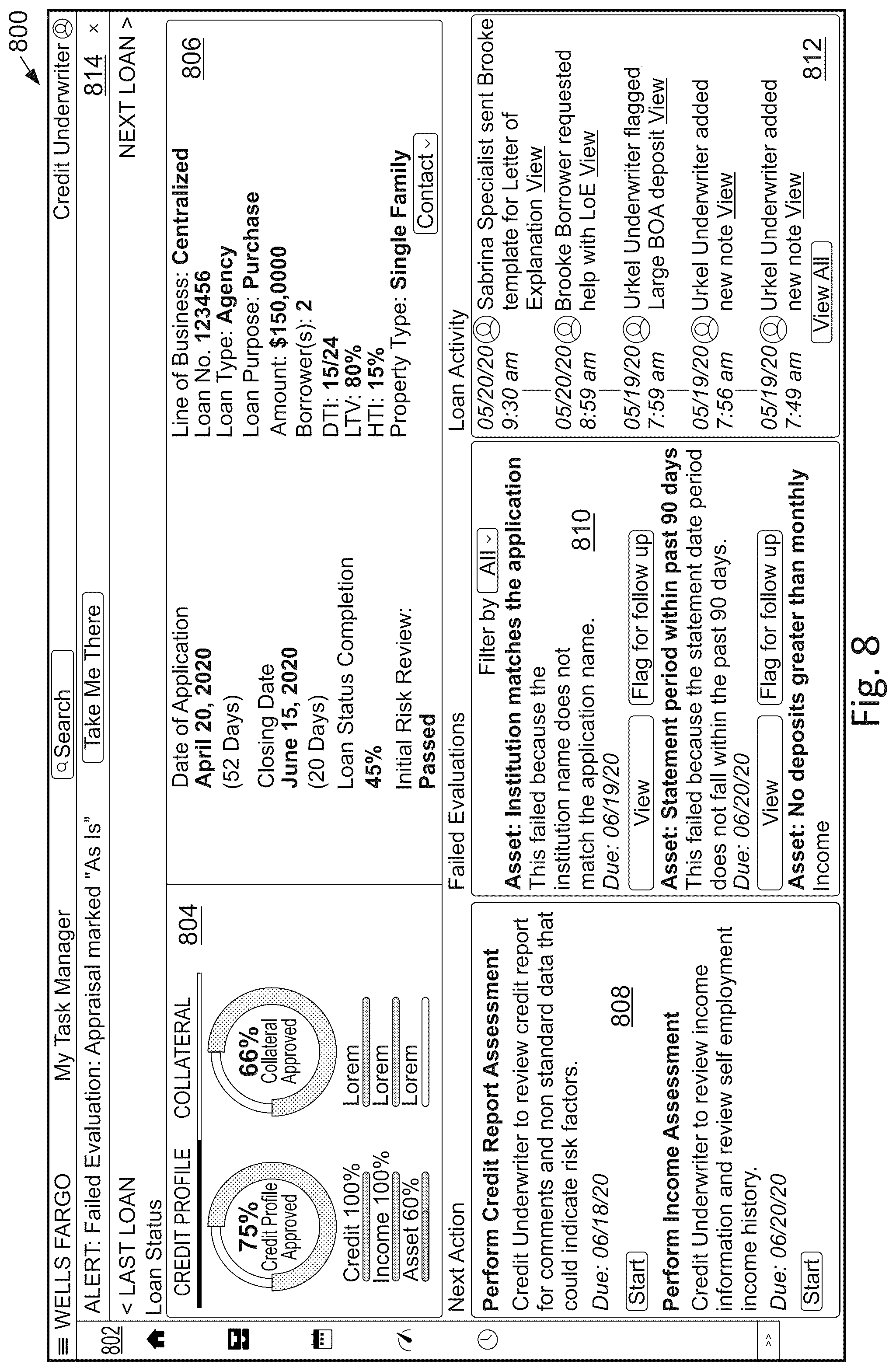 Patent US12327002 Figure 8 – User interfaces for contextual modeling for electronic loan applications
