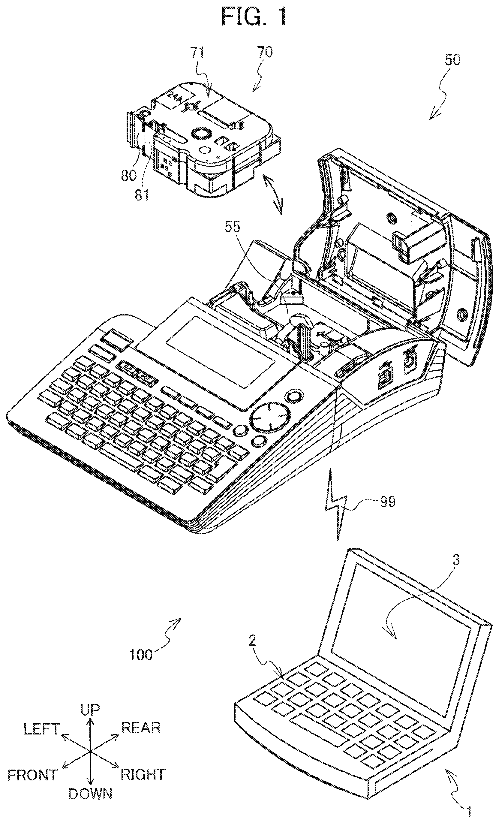 Patent US12327055 Figure 1 – Editing device editing print data via display device for creating composite label with printing device
