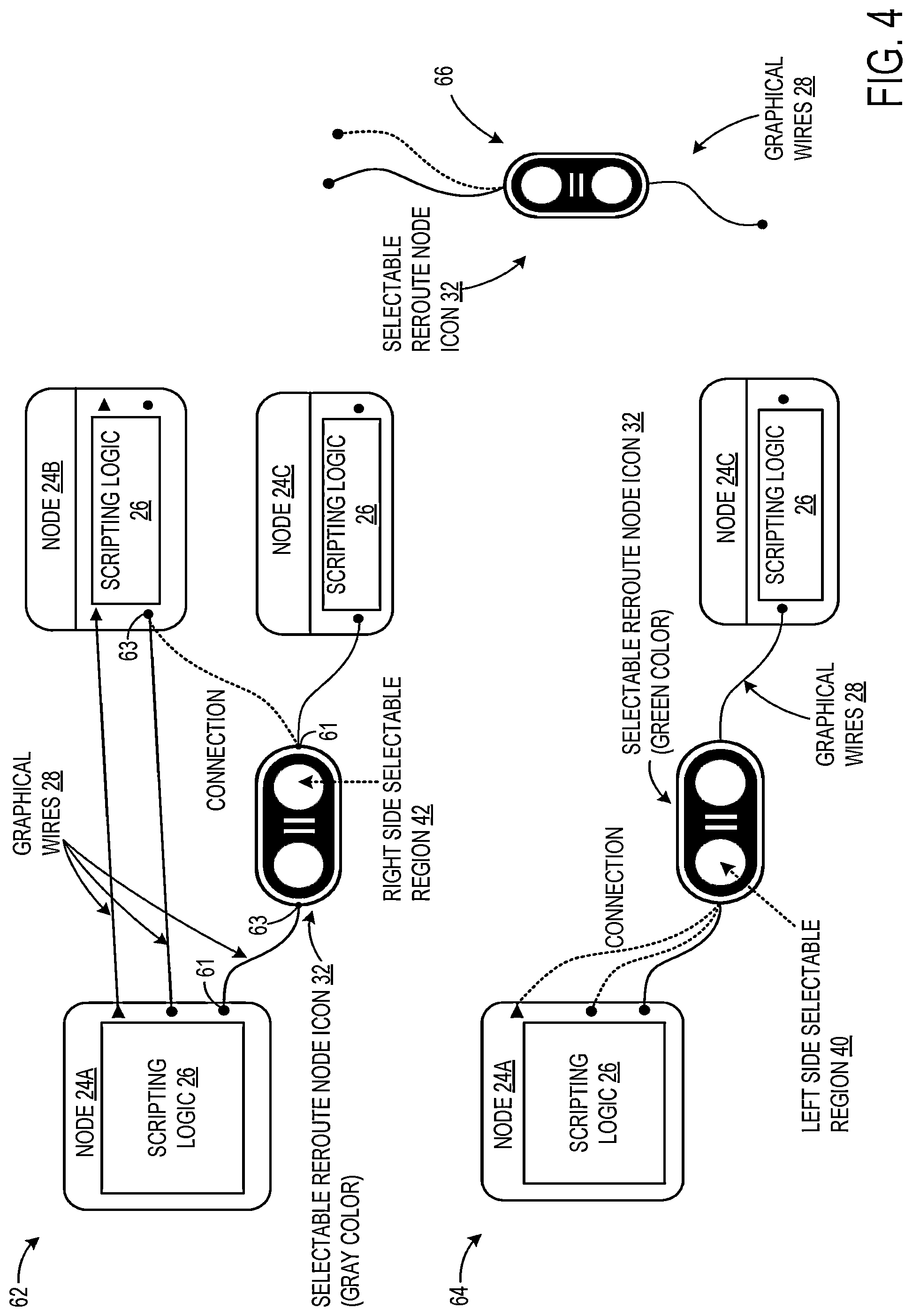 Patent US12327094 Figure 4 – Visual scripting program with selectable reroute node icon