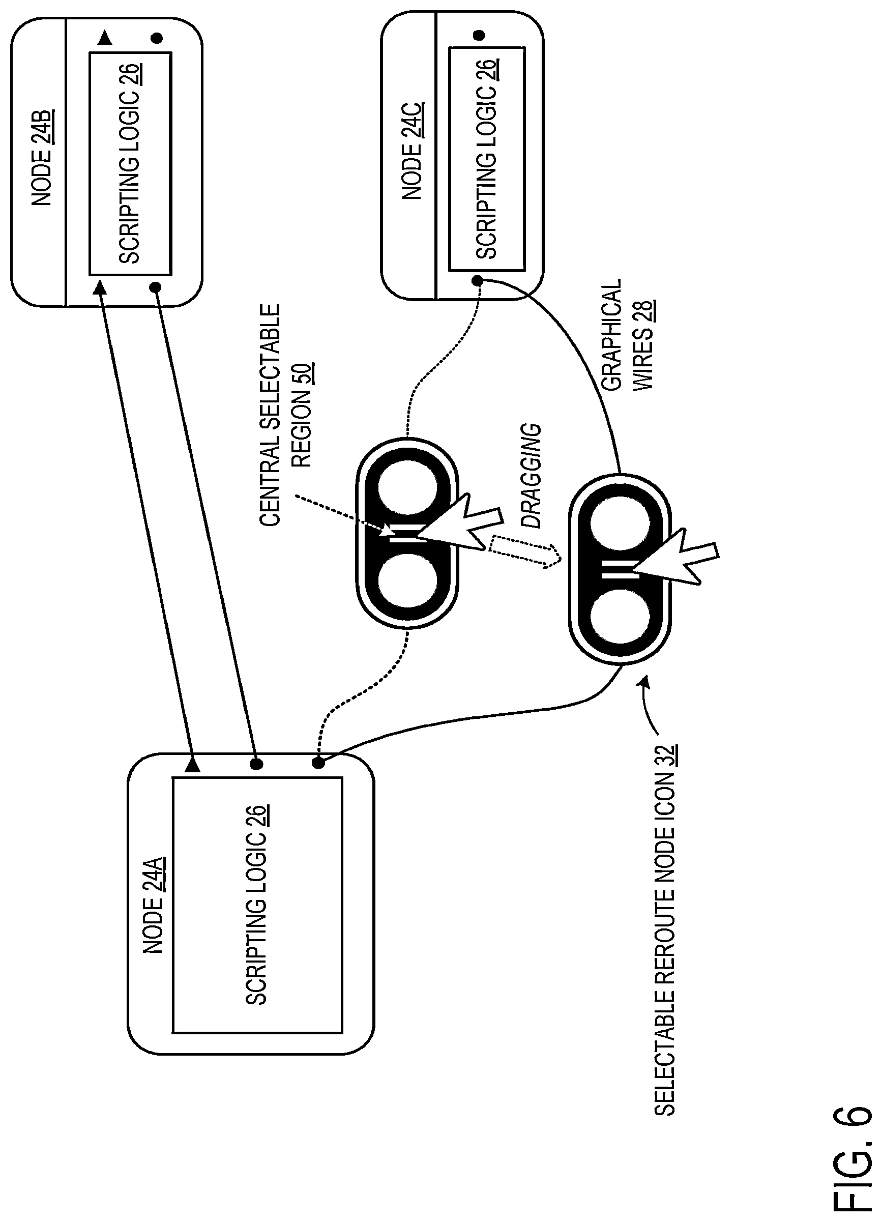 Patent US12327094 Figure 6 – Visual scripting program with selectable reroute node icon