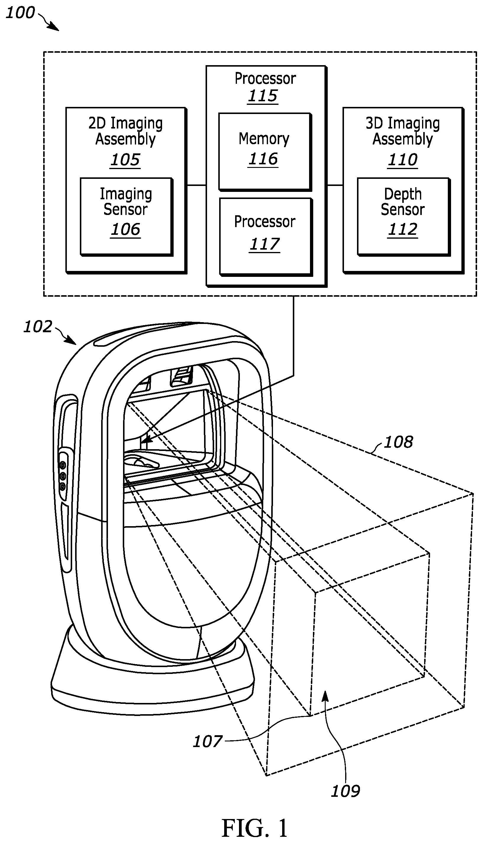 Patent US12327161 — Systems and methods for decoding indicia payload within a scan volume — Figure 1