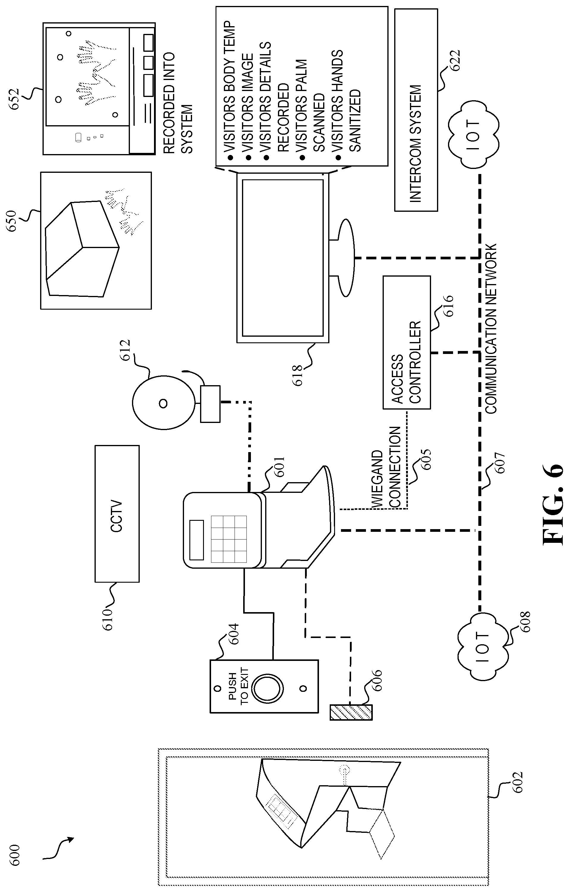 Patent US12327448 Figure 6 – Security system with hand sanitization