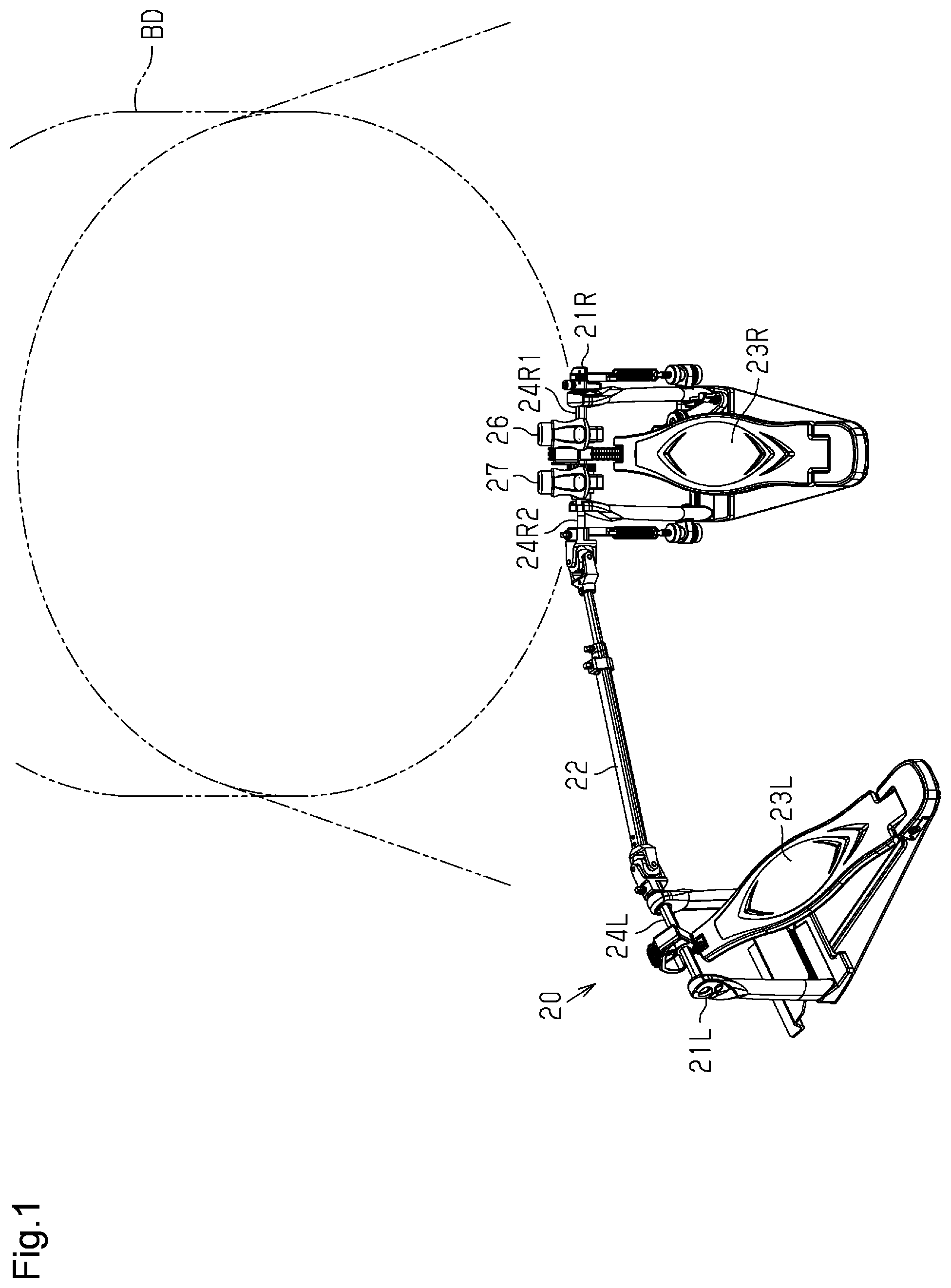 Patent US12327536 Figure 1 – Universal joint, coupling rod appratus, and musical instrument pedal device