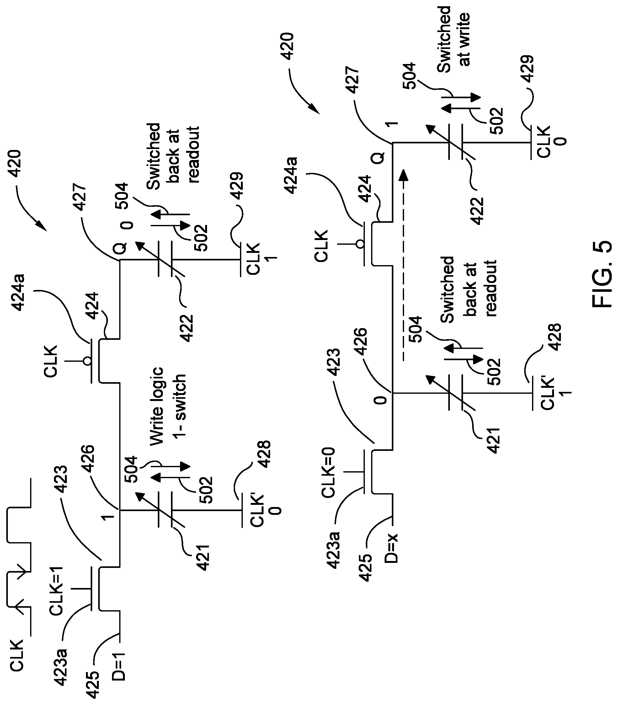 Patent US12327580 Figure 5 – Register, flop, and latch designs inlcuding ferroelectric and linear dielectrics