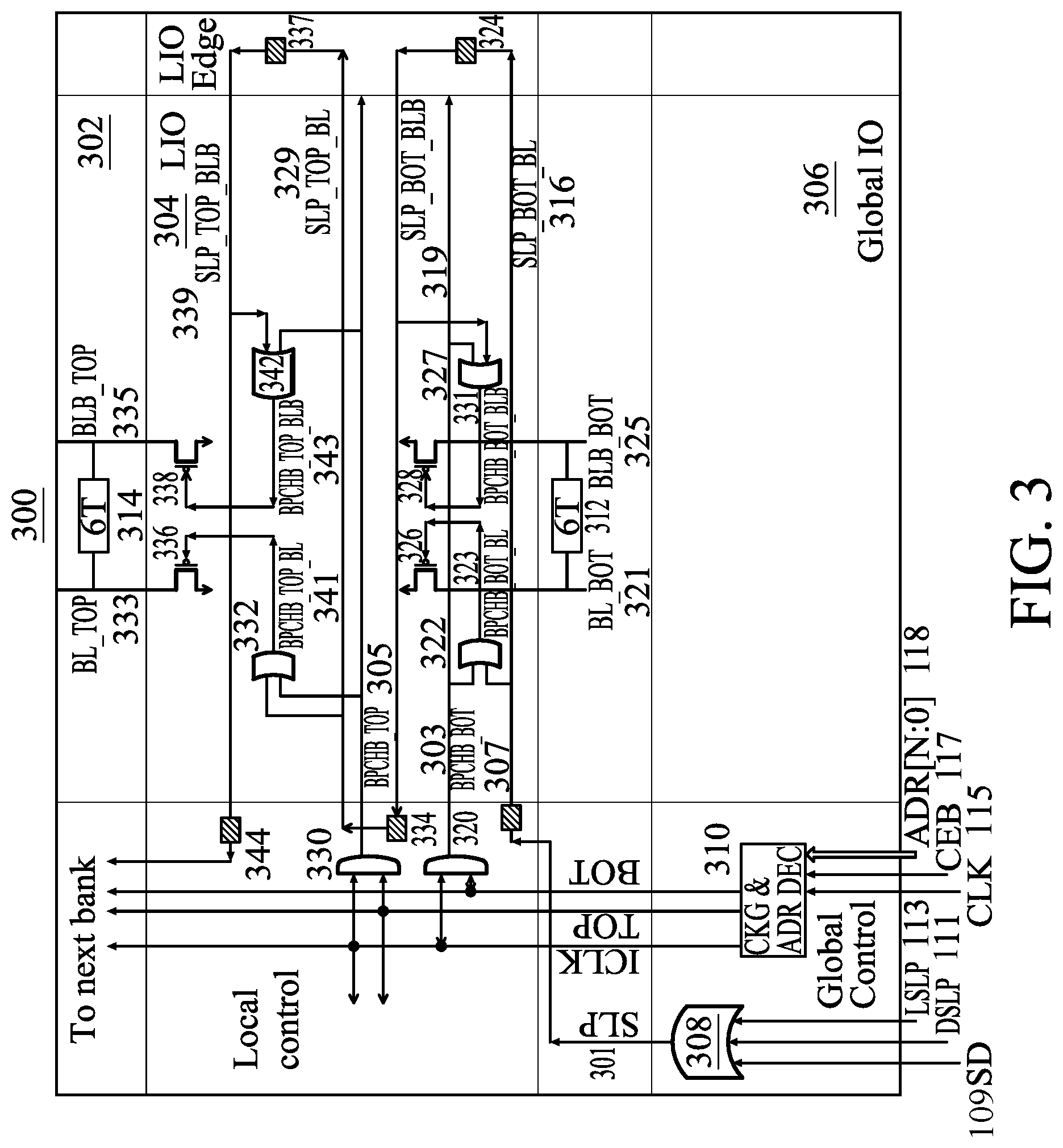 Patent US12327586 Figure 3 – Bit line pre-charge circuit for power management modes in multi bank SRAM