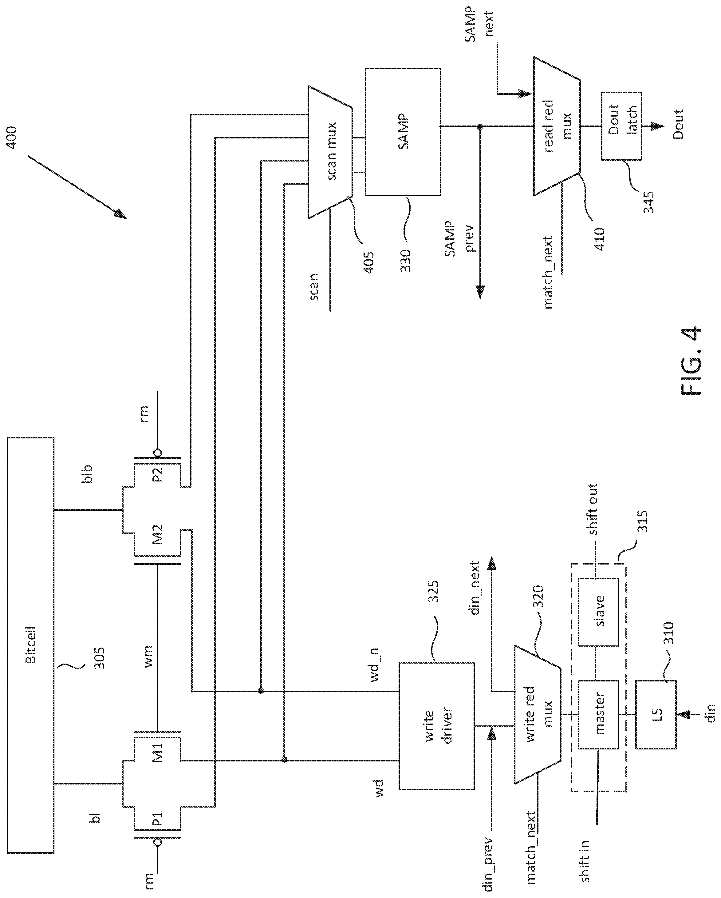 Patent US12327599 Figure 4 – Memory with scan chain testing of column redundancy logic and multiplexing