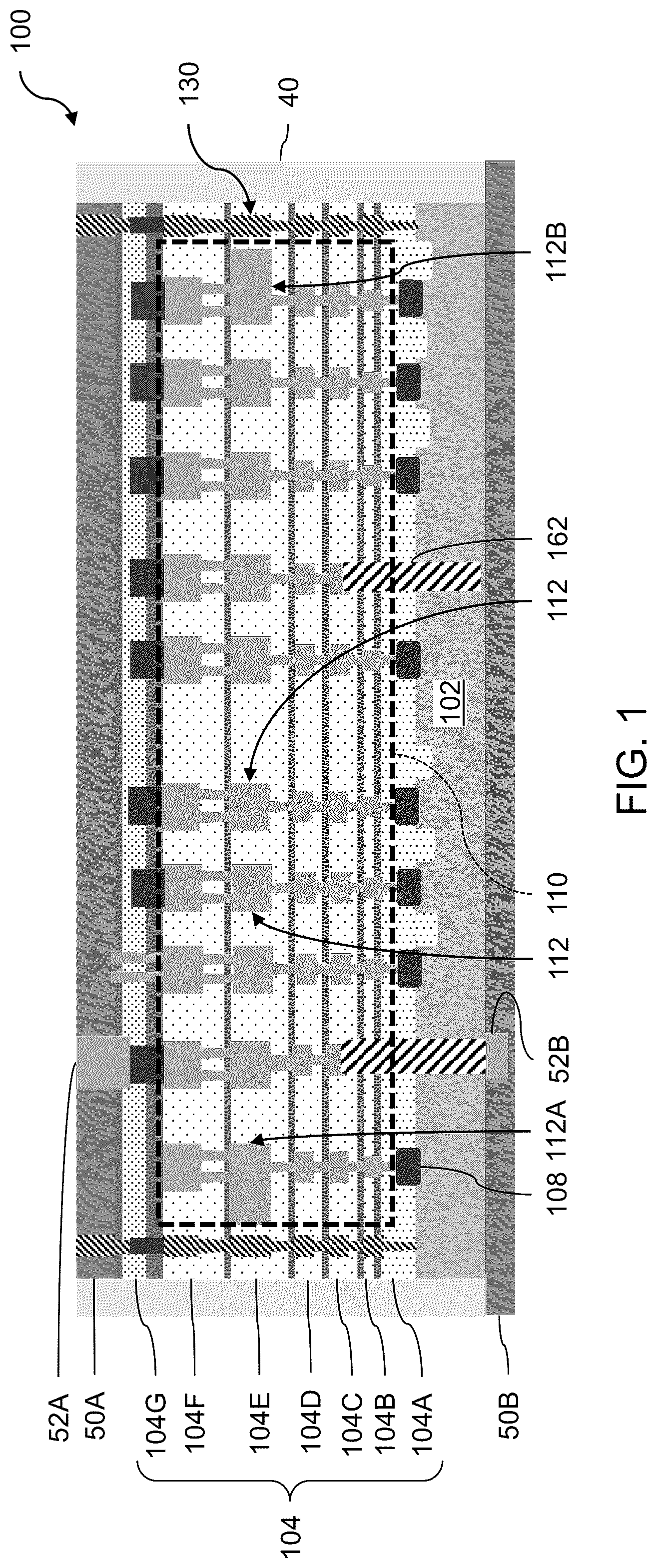 Patent US12327772 Figure 1 – Semiconductor package including stress-reduction structures and methods of forming the same