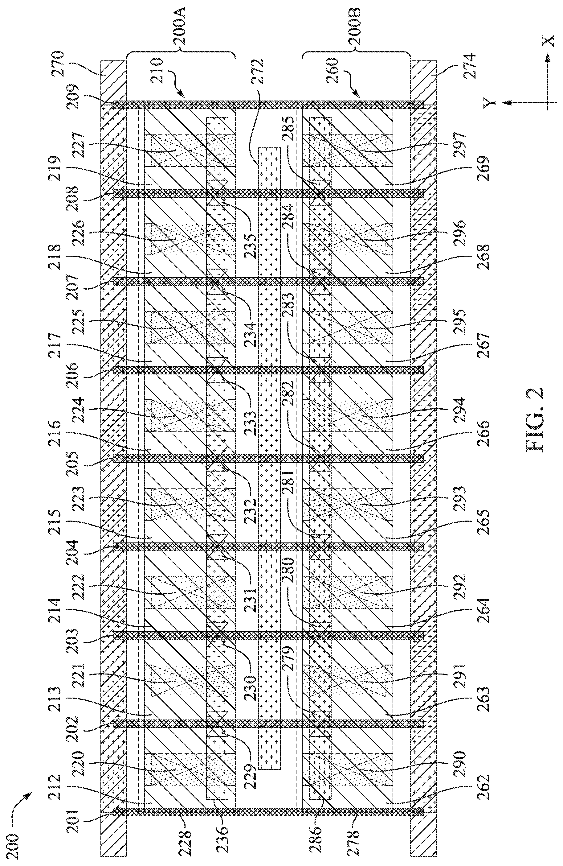 Patent US12327786 Figure 2 – Decoupling capacitors with back side power rails