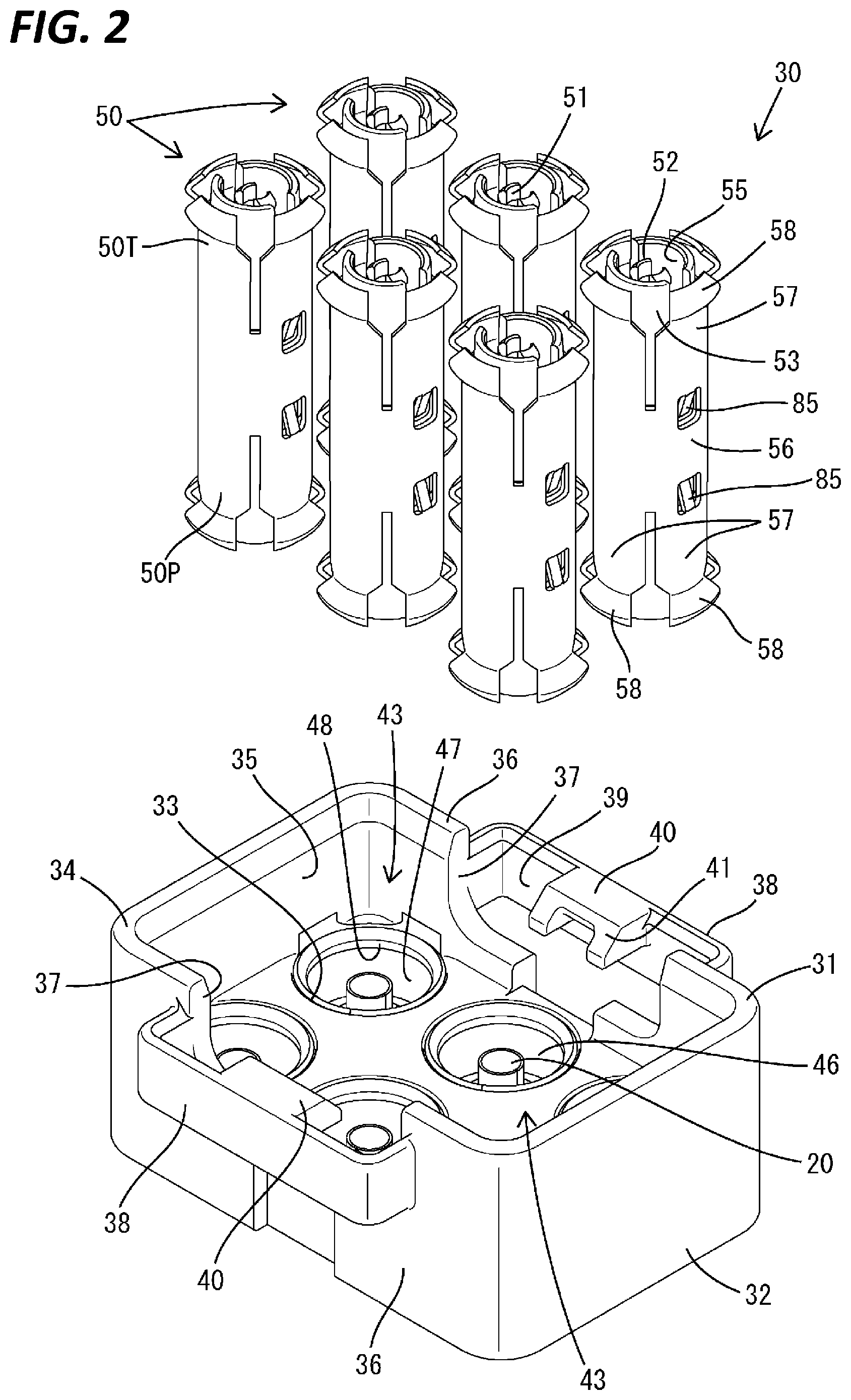 Patent US12327961 Figure 2 – Electrical connector device with an adaptor connecting two parallel board mounted connectors