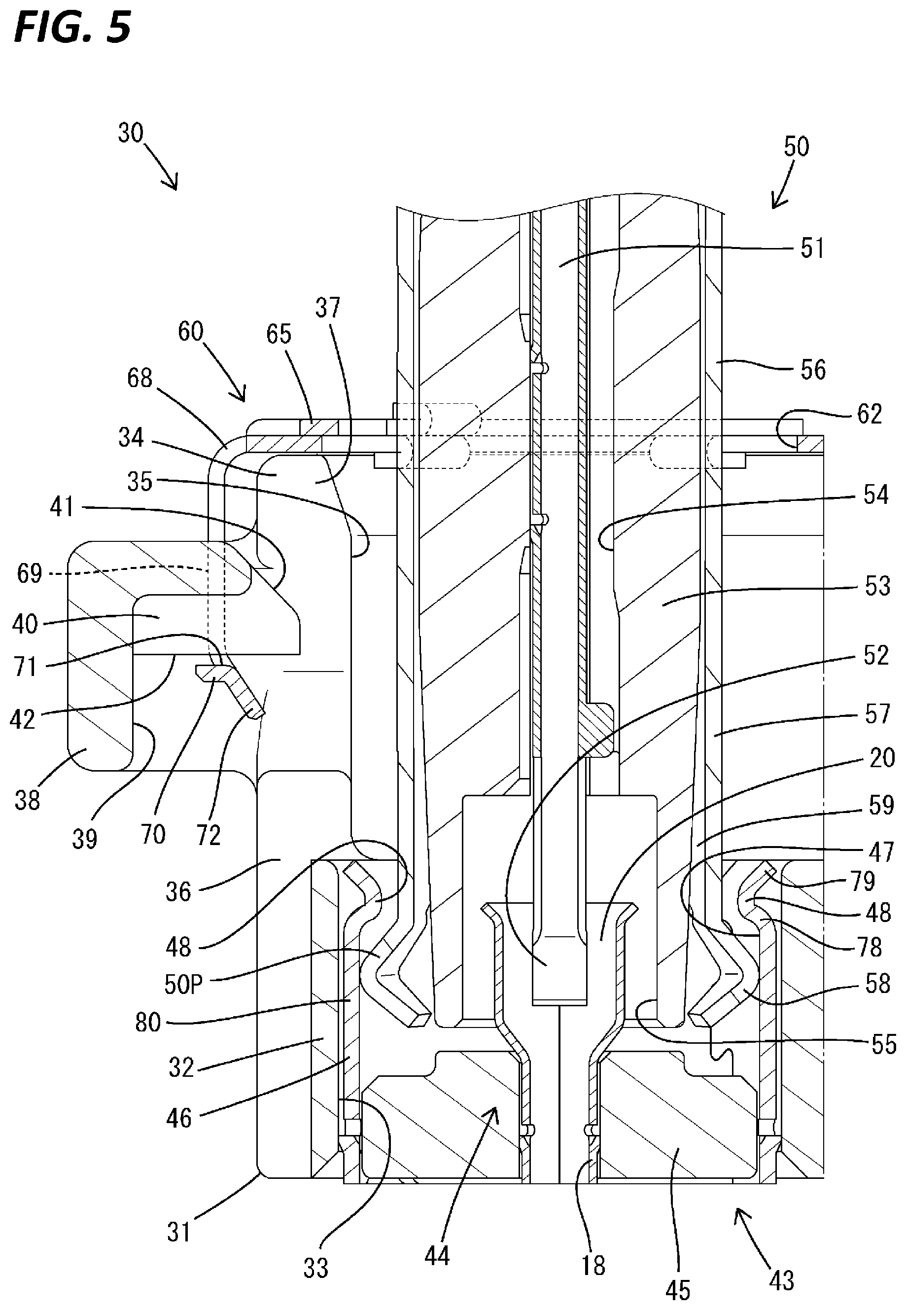 Patent US12327961 Figure 5 – Electrical connector device with an adaptor connecting two parallel board mounted connectors