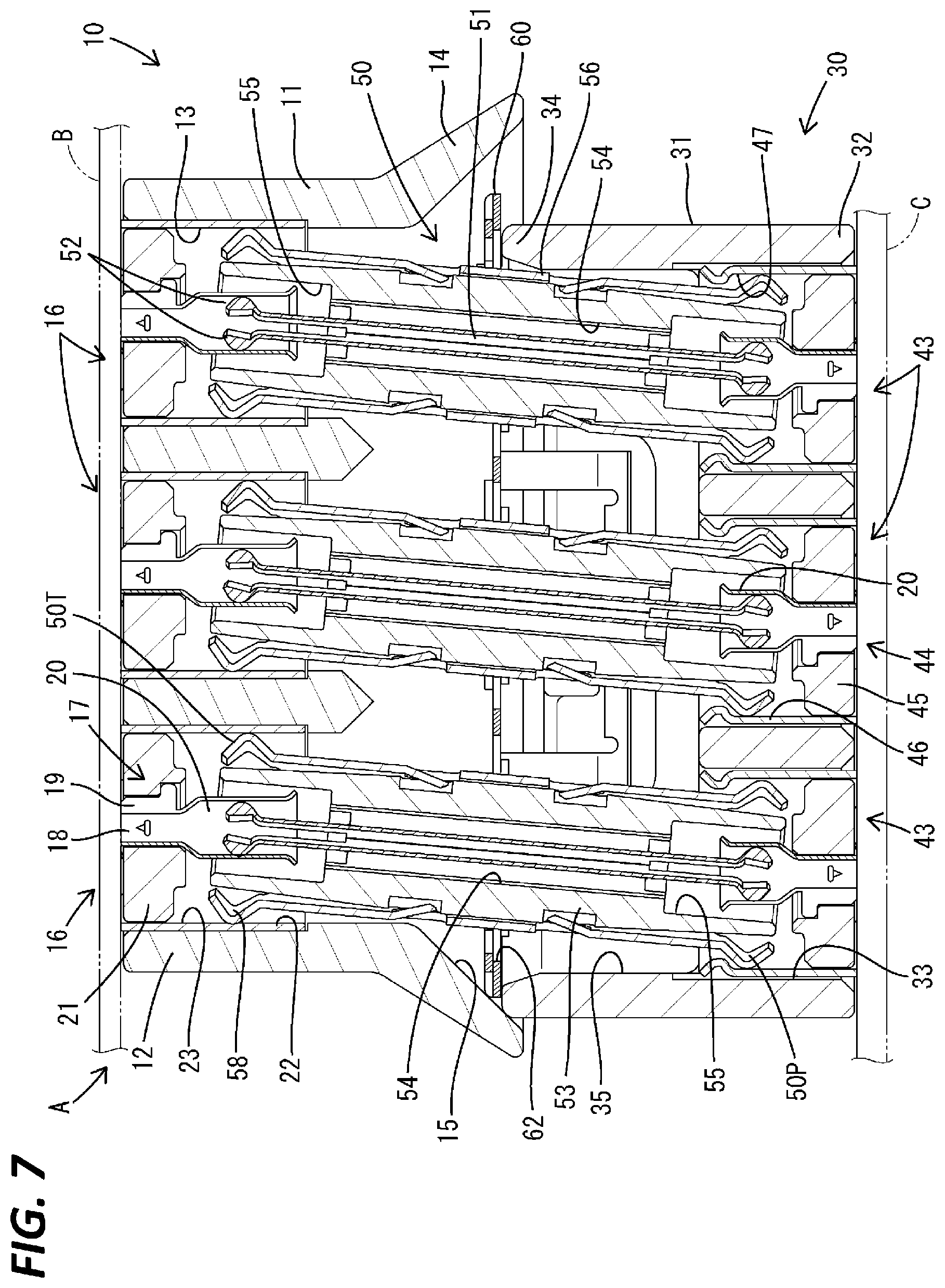 Patent US12327961 Figure 7 – Electrical connector device with an adaptor connecting two parallel board mounted connectors