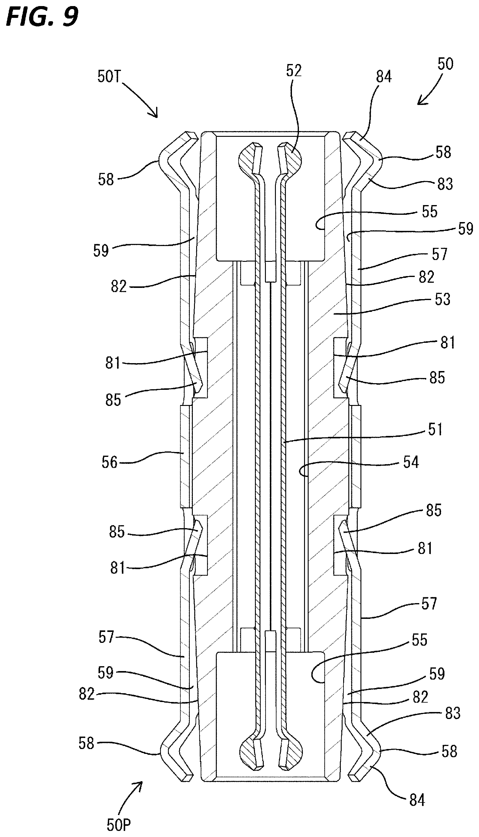 Patent US12327961 Figure 9 – Electrical connector device with an adaptor connecting two parallel board mounted connectors