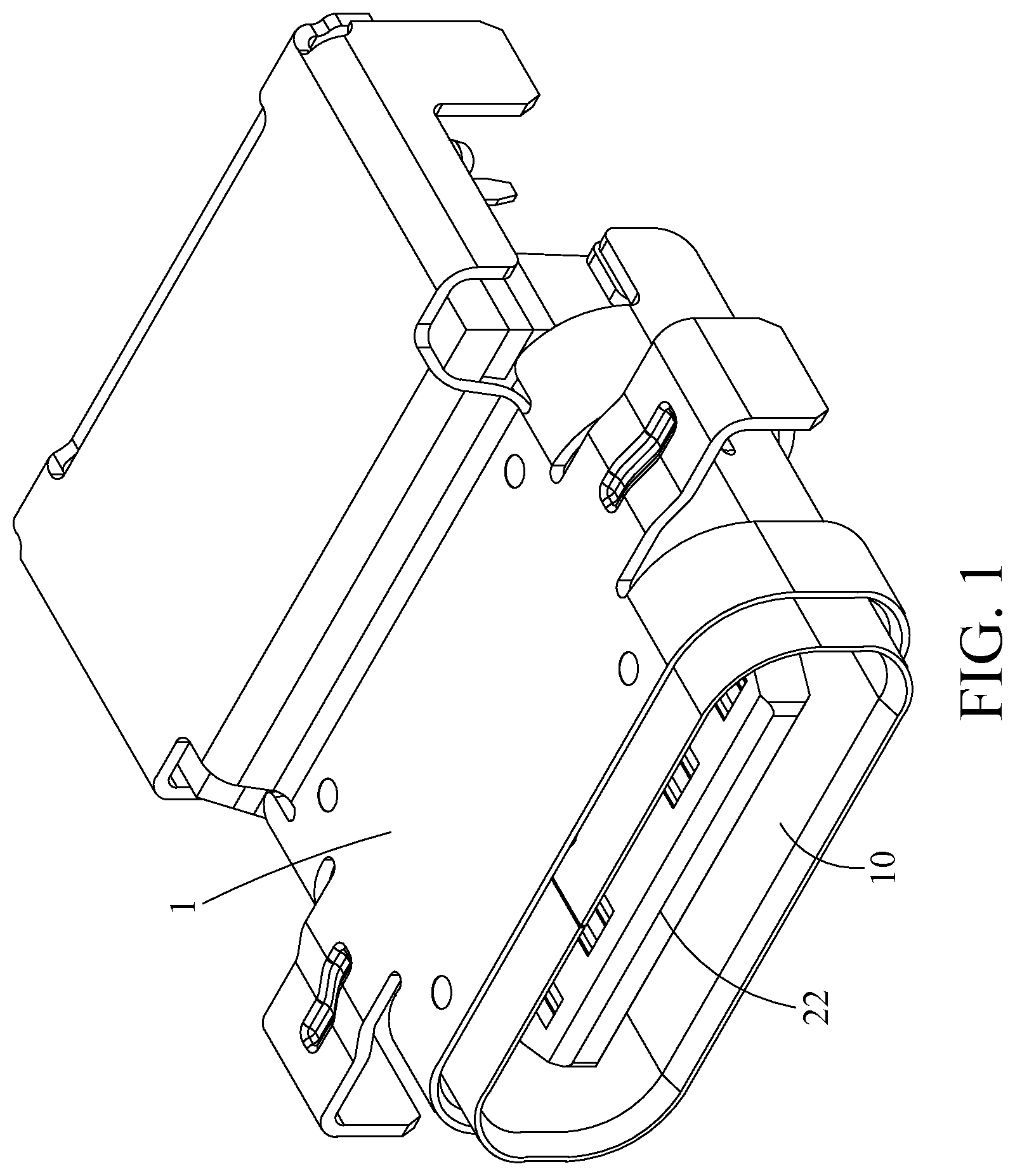 Patent US12327963 Figure 1 – Electrical receptacle connector with central shield