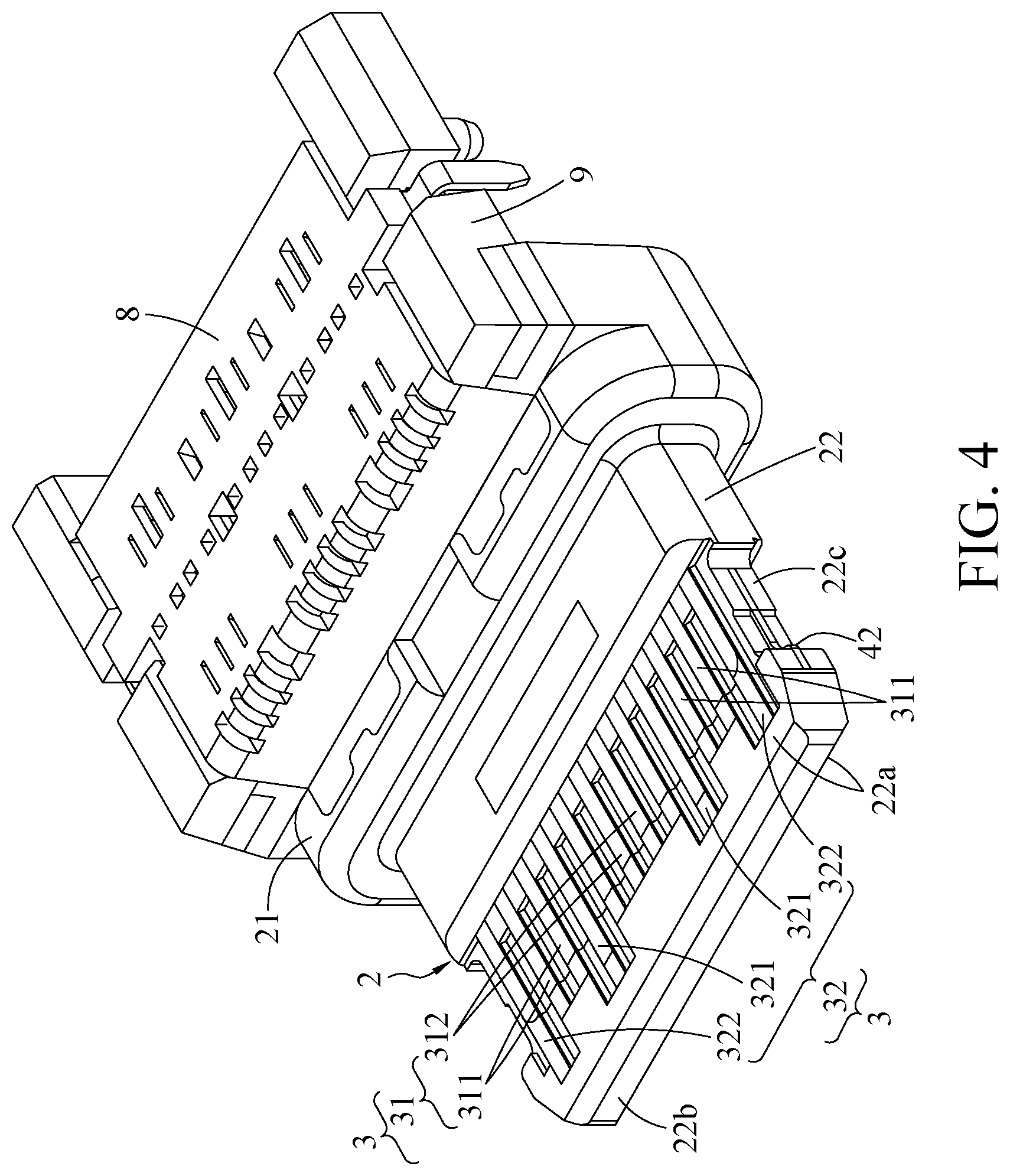 Patent US12327963 Figure 4 – Electrical receptacle connector with central shield