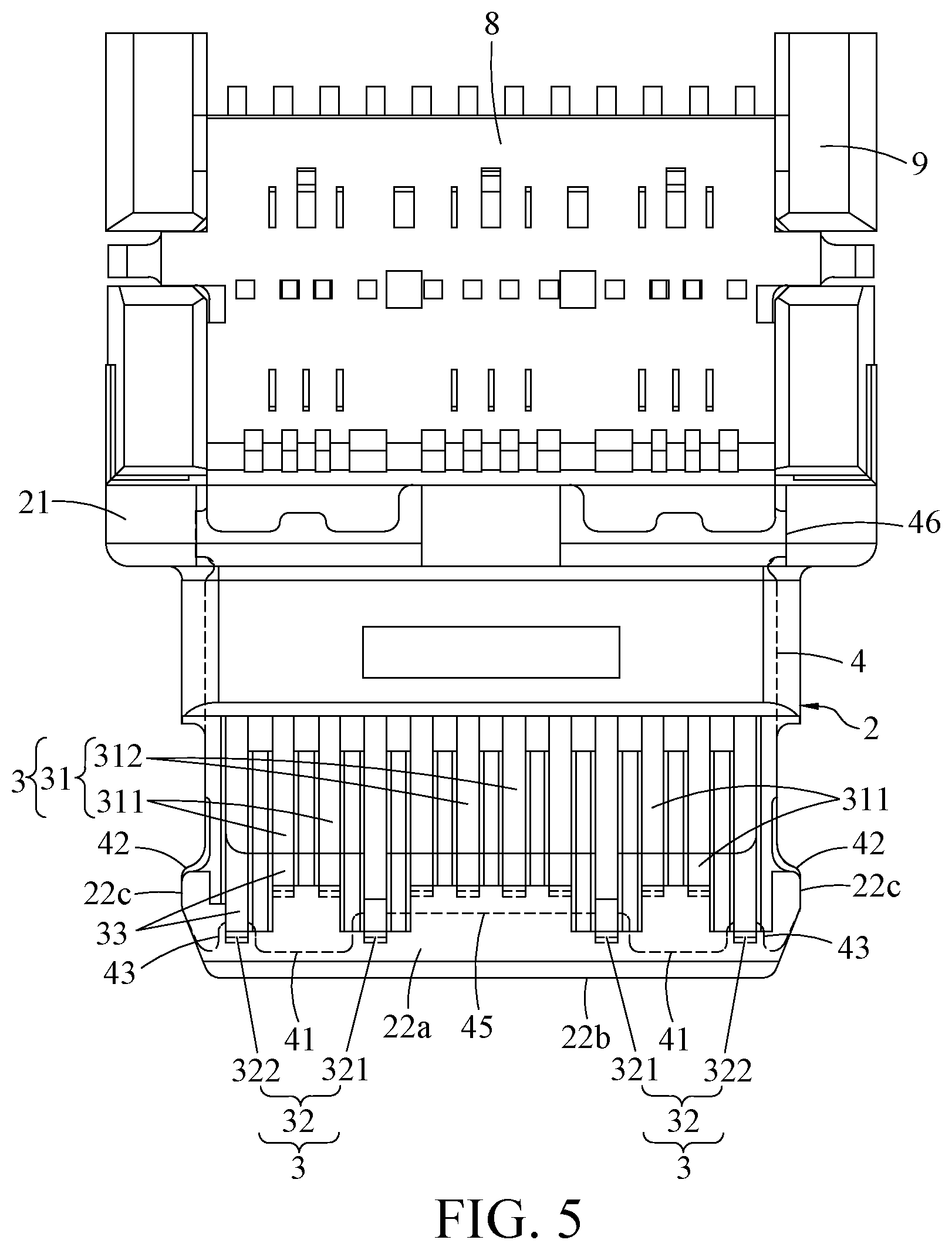 Patent US12327963 Figure 5 – Electrical receptacle connector with central shield