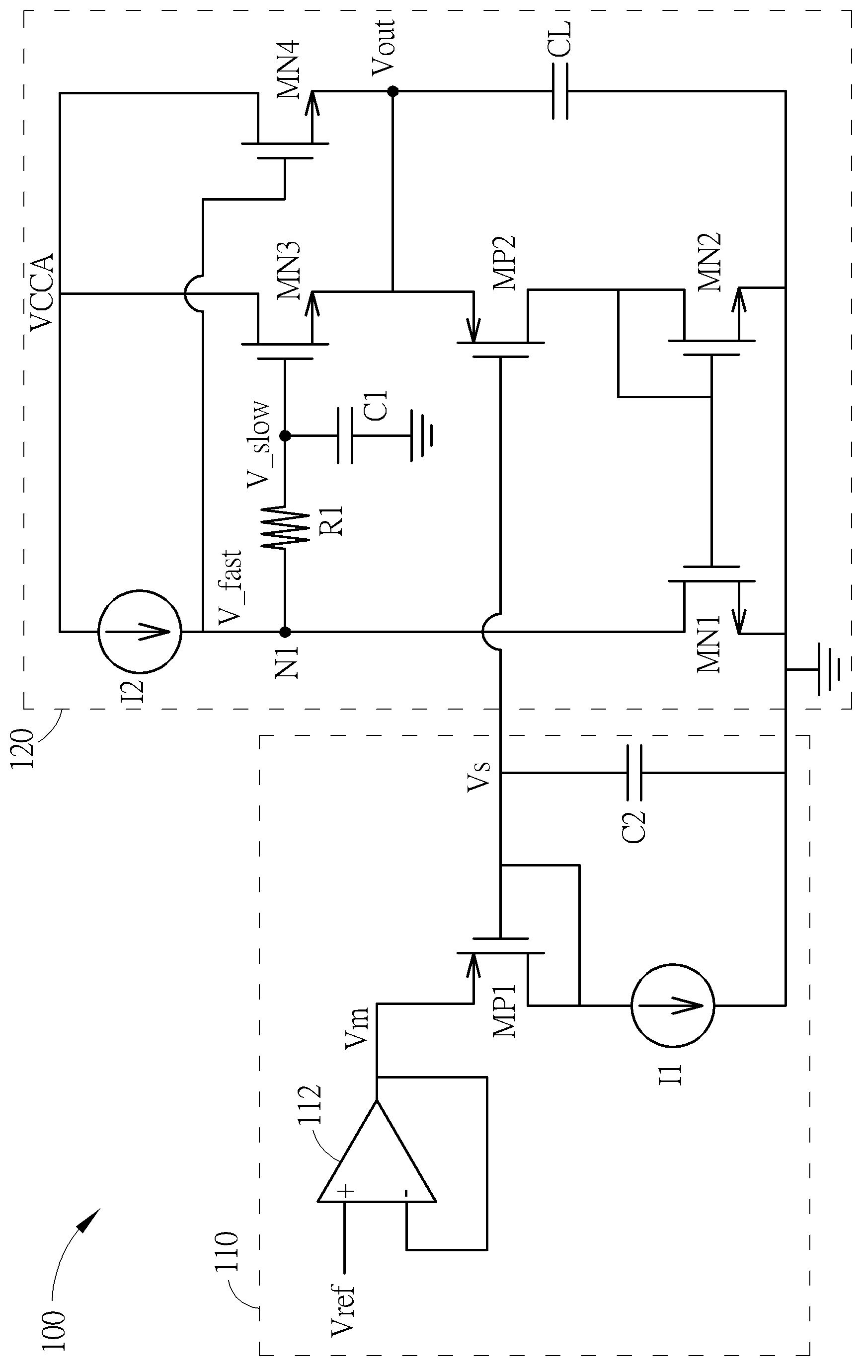 Patent US12328067 Figure 1 – Regulator with flipped voltage follower architecture
