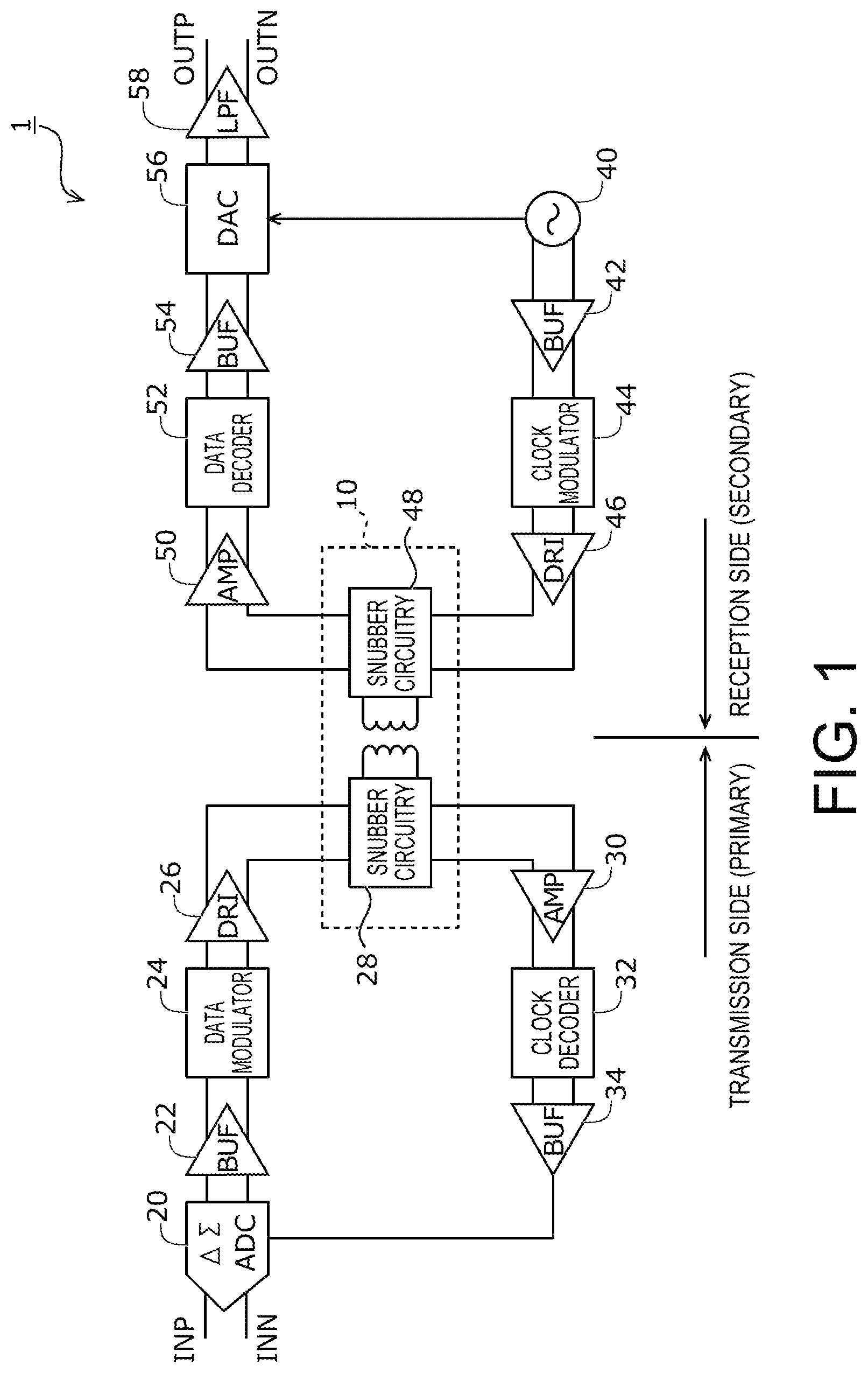 Patent US12328116 Figure 1 – Signal transmission circuitry and snubber circuitry