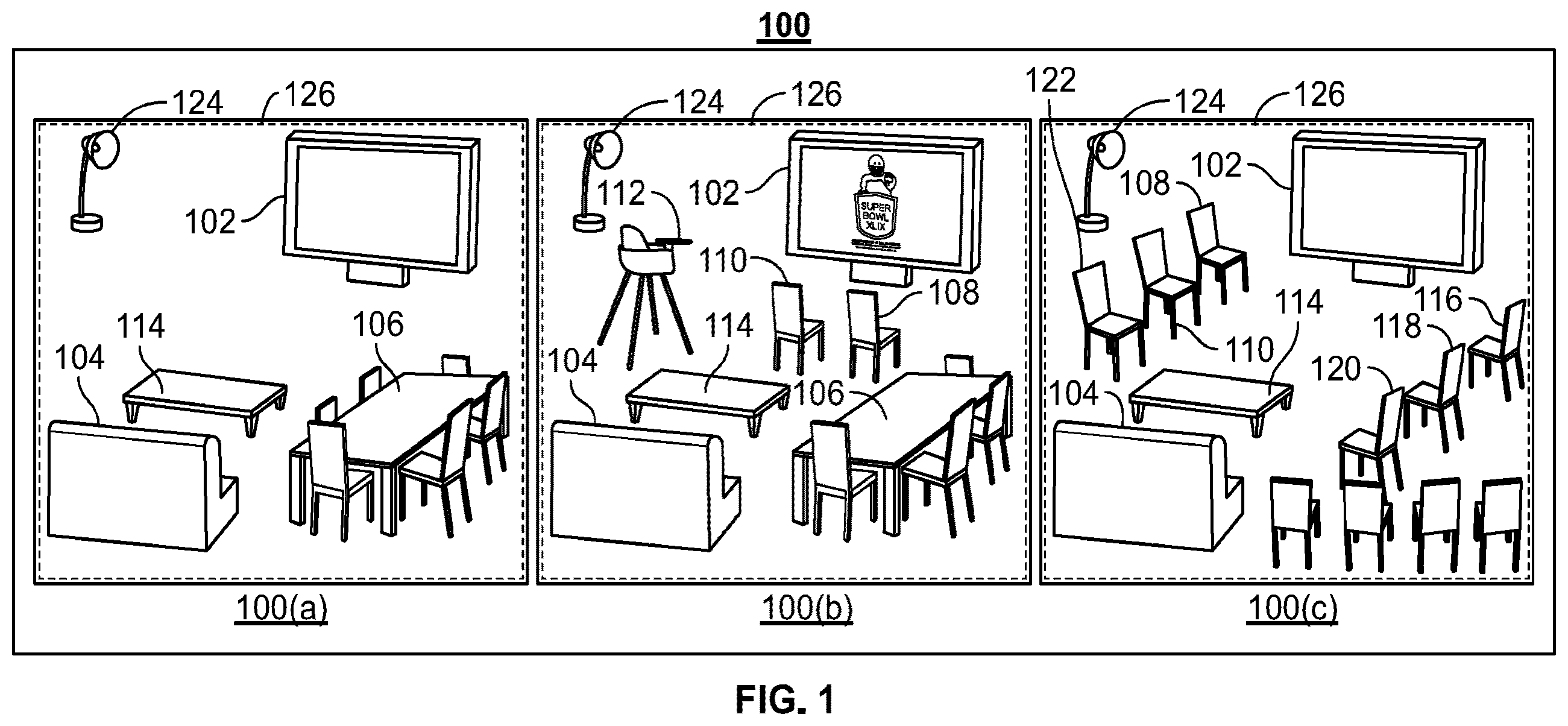 Patent US12328477 Figure 1 – Systems and methods to provide media asset recommendations based on positioning of internet connected objects on an network-connected surface