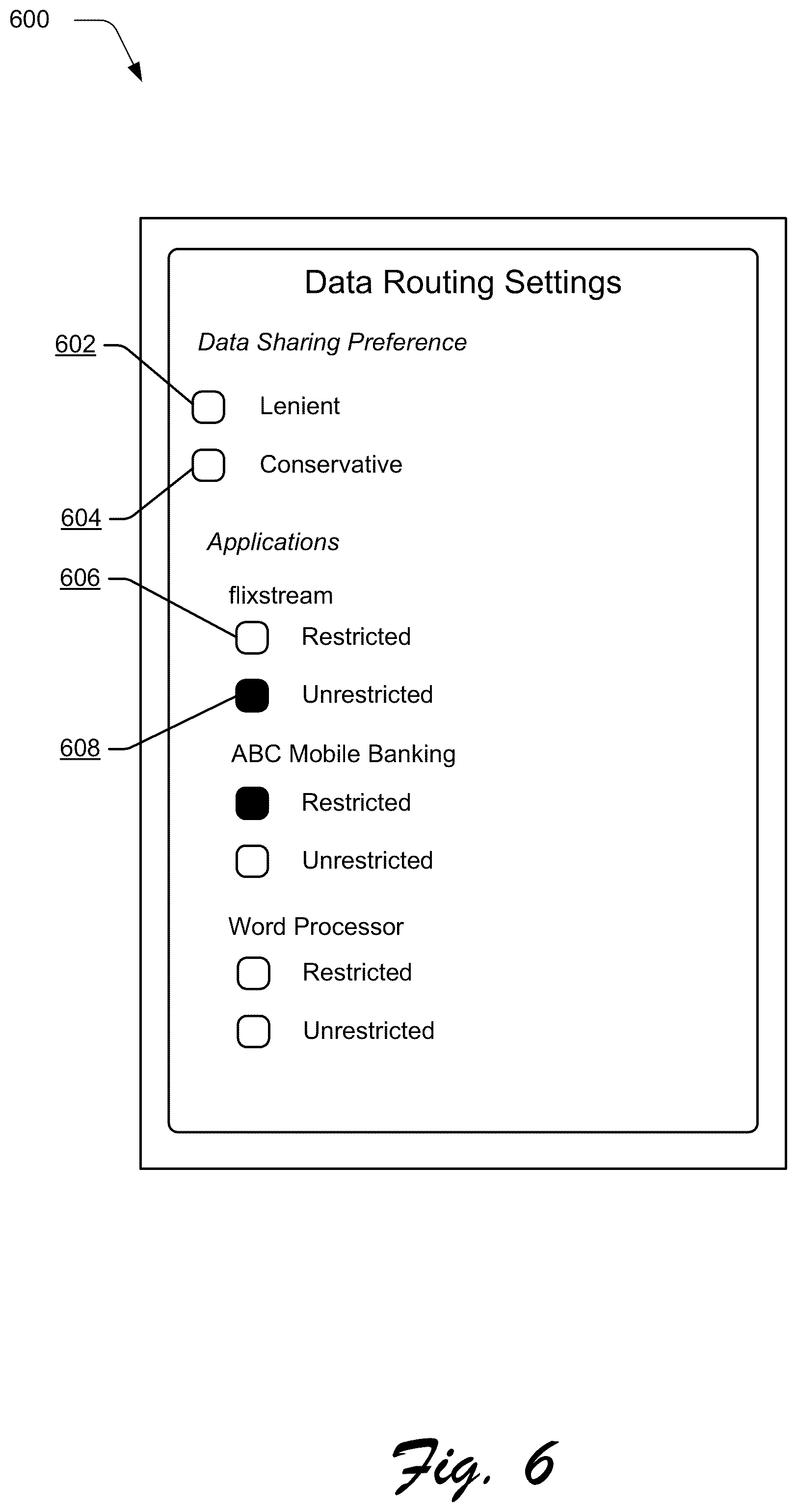 Patent US12328584 Figure 6 – Data routing based on application restriction designation