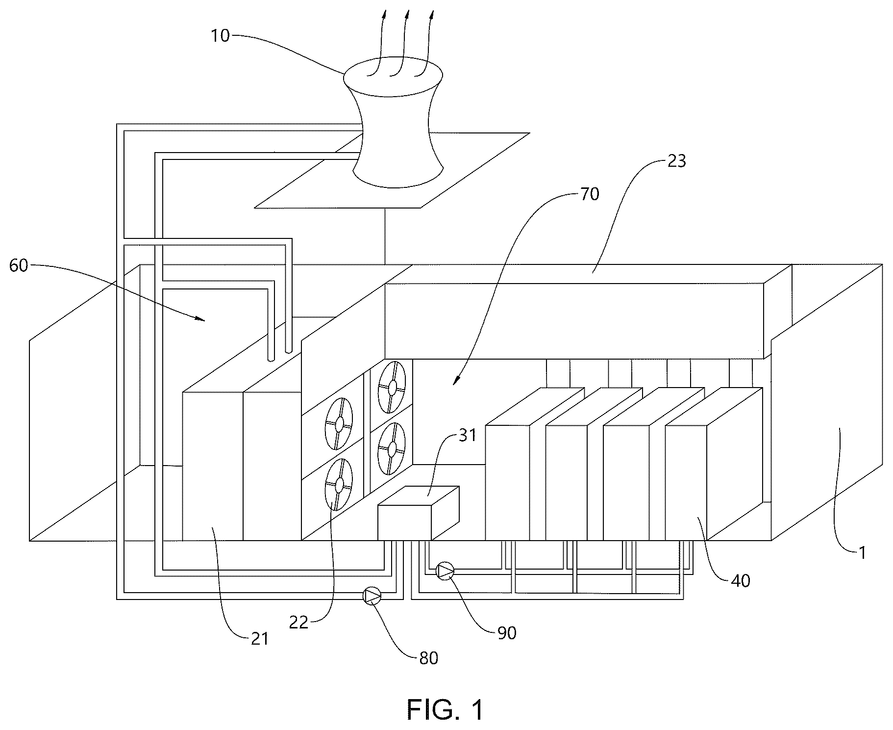 Patent US12328850 Figure 1 – Data center cooling system and data center