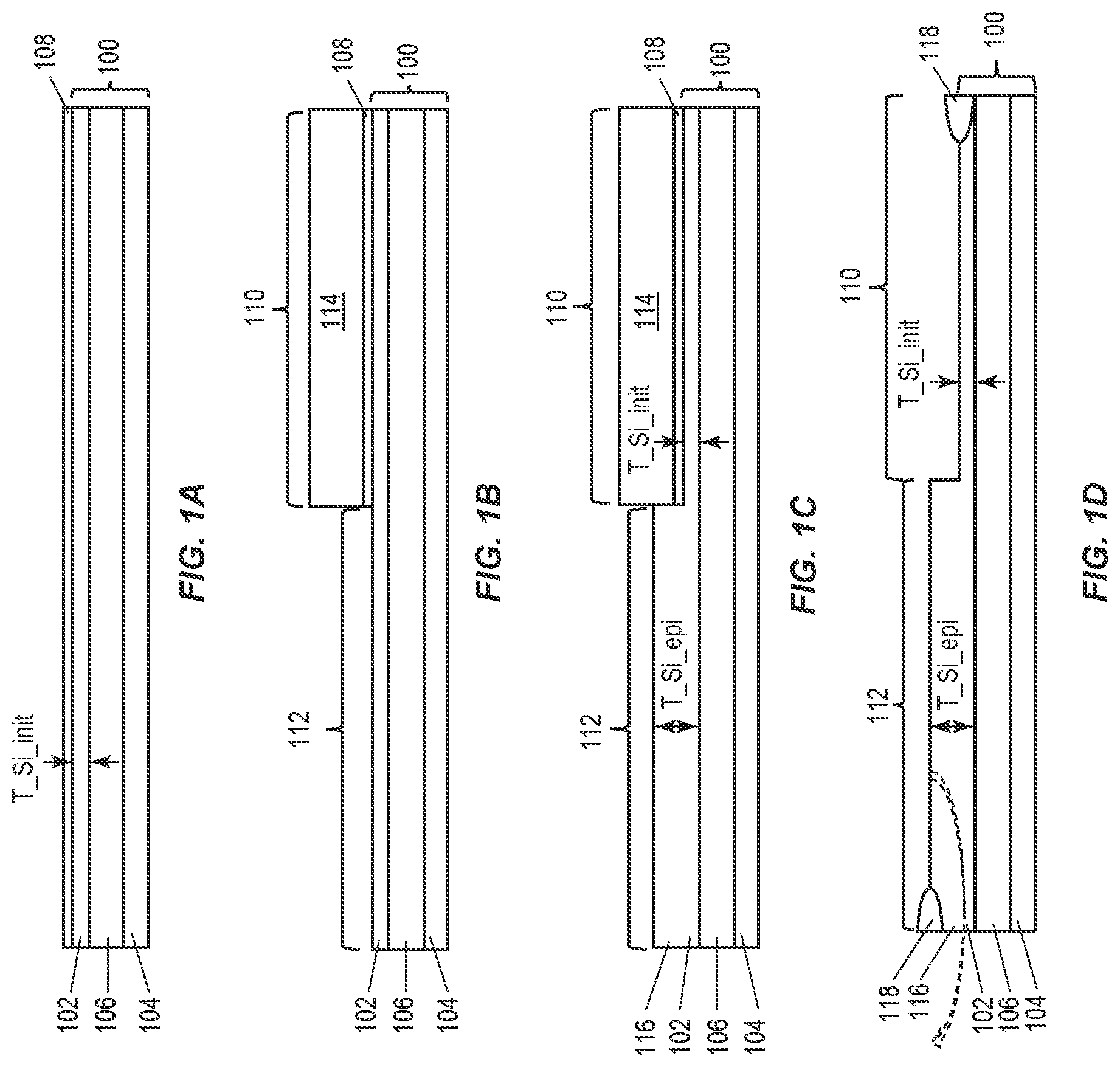 Patent US12328891 Figure 1 – Silicon-on-insulator (SOI) device having variable thickness device layer and corresponding method of production