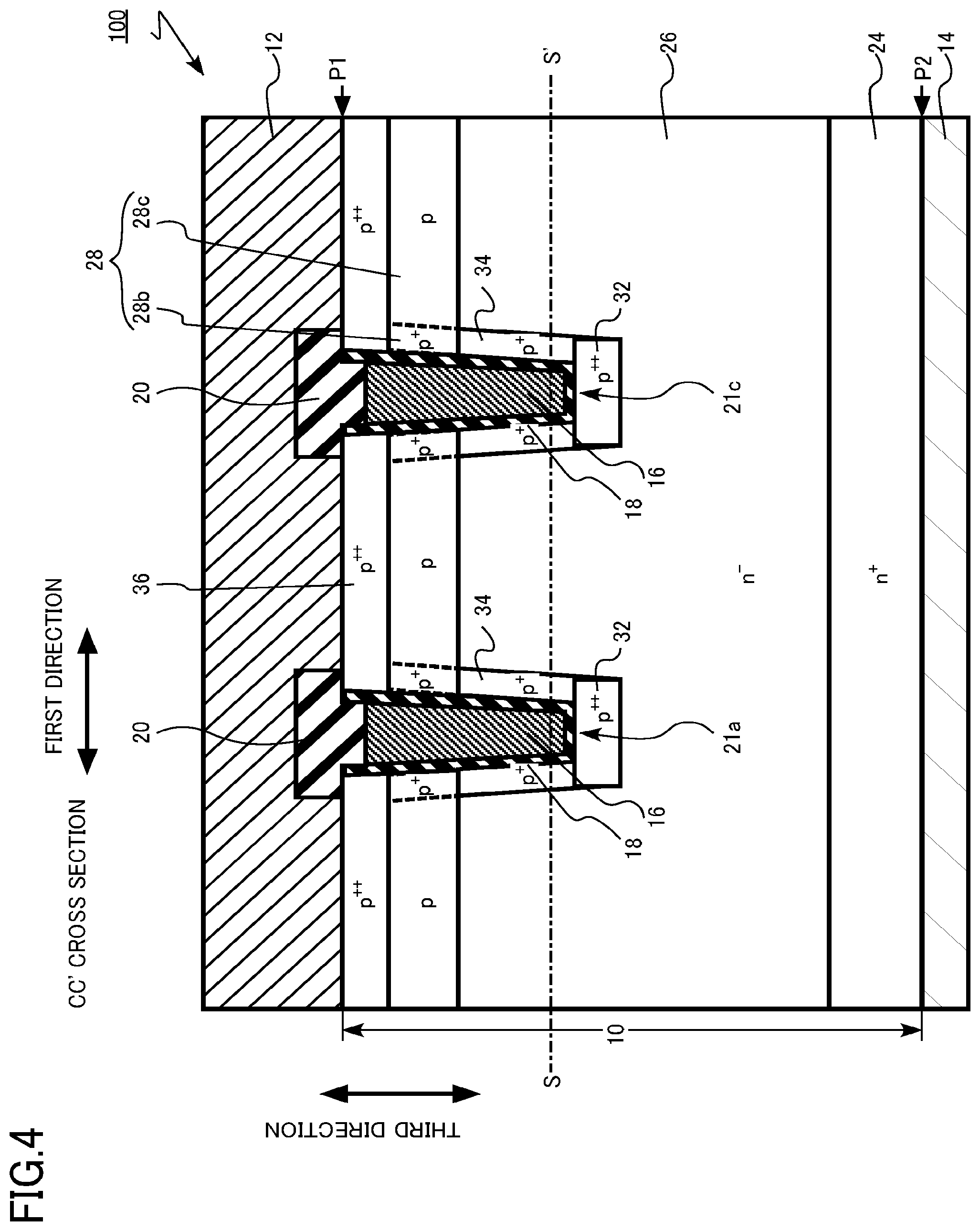 Patent US12328900 Figure 4 – Semiconductor device, semiconductor device manufacturing method, inverter circuit, drive device, vehicle, and elevator