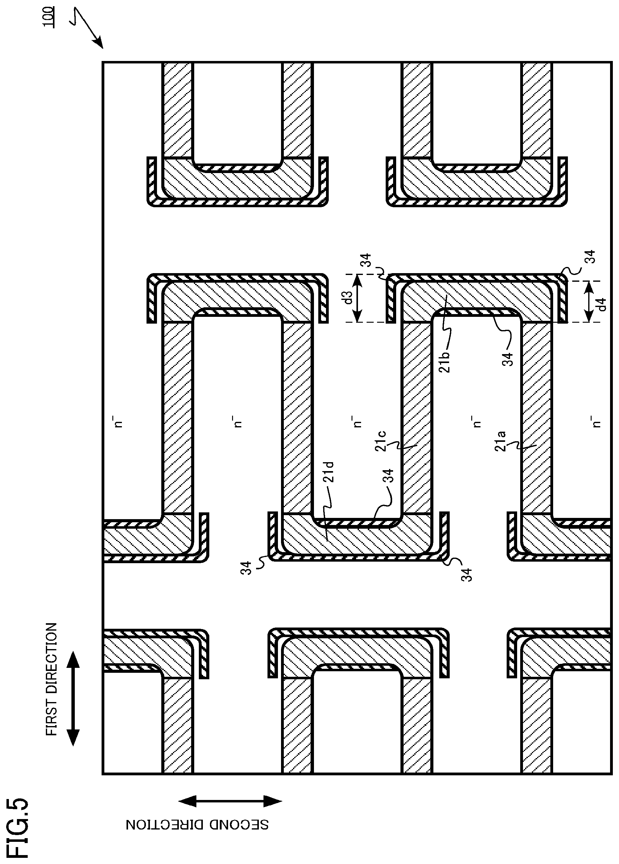 Patent US12328900 Figure 5 – Semiconductor device, semiconductor device manufacturing method, inverter circuit, drive device, vehicle, and elevator